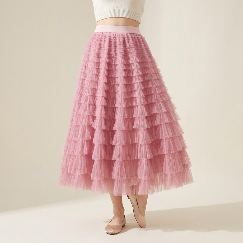 Heavy Mesh Gauze Multilayer Long Skirt With Satin Lining - 2210_WATERMELON RED