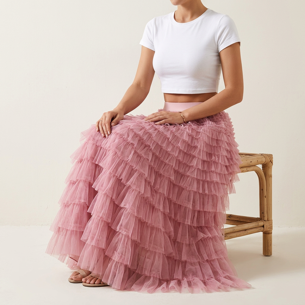 Heavy Mesh Gauze Multilayer Long Skirt With Satin Lining - 2210_WATERMELON RED