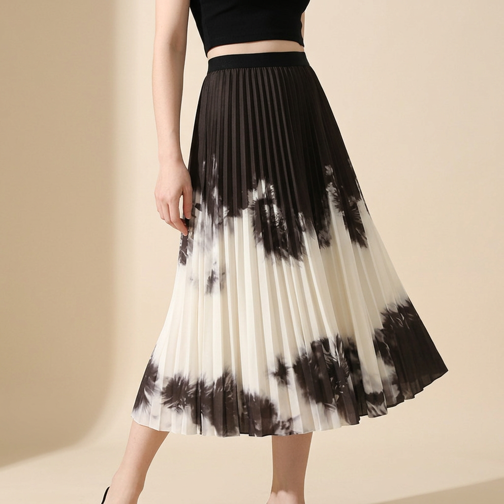 Contrast Color Gradient A Line Pleated White And Khaki Skirt - 2125_GRD_KHA