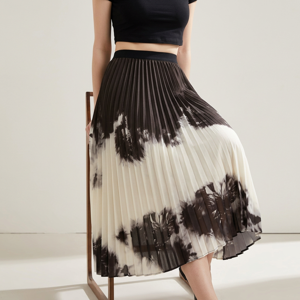 Contrast Color Gradient A Line Pleated White And Khaki Skirt - 2125_GRD_KHA