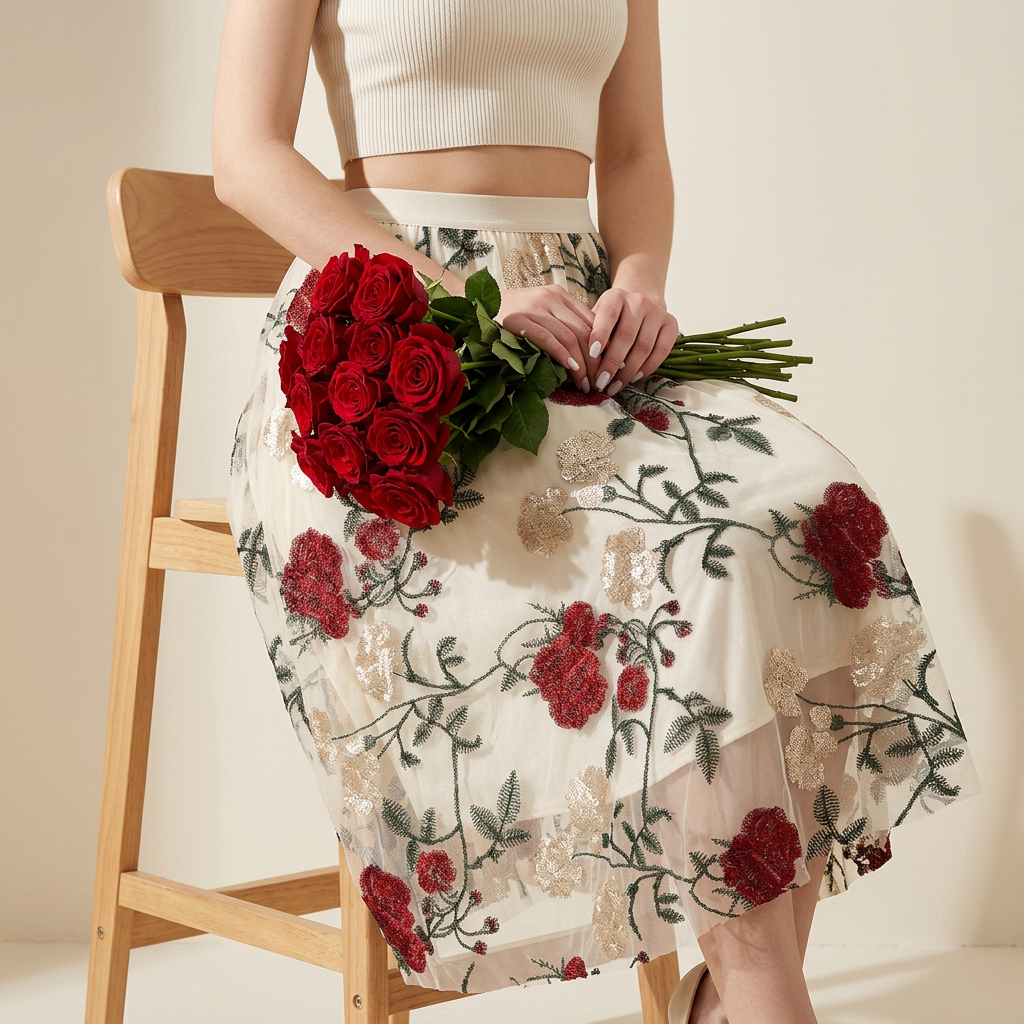 Luxury French Floral Embroidery Mesh Multilayer Apricot Skirt - 9803_APR