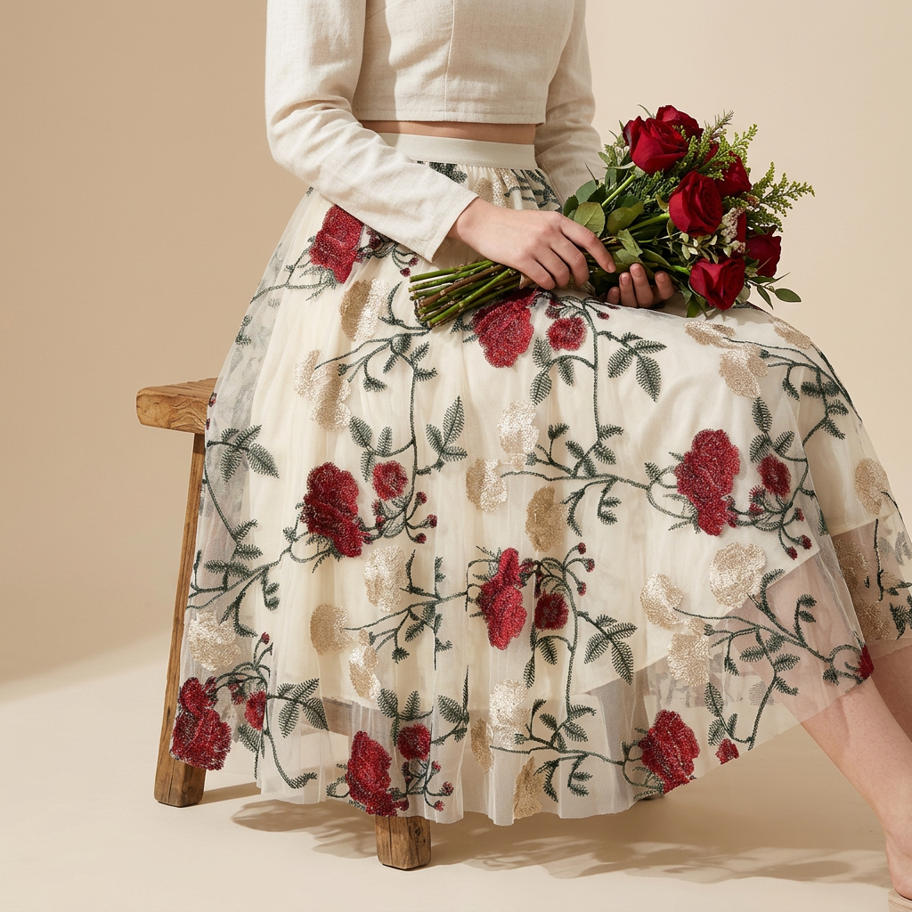 Luxury French Floral Embroidery Mesh Multilayer Apricot Skirt - 9803_APR