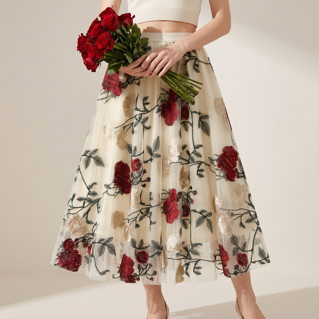 Luxury French Floral Embroidery Mesh Multilayer Apricot Skirt - 9803_APR