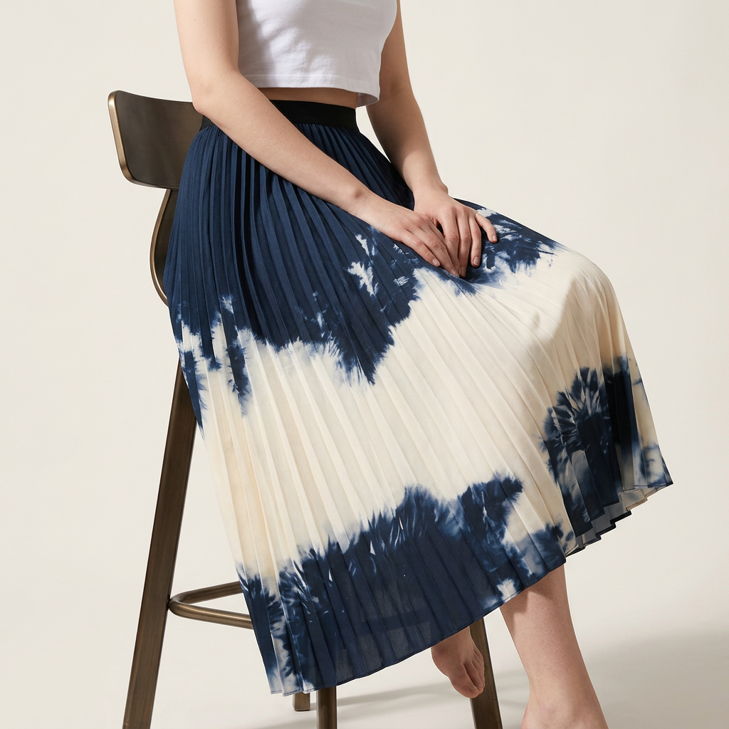 Contrast Color Gradient A Line Pleated Navy Blue Skirt - 2125_GRD_NAV