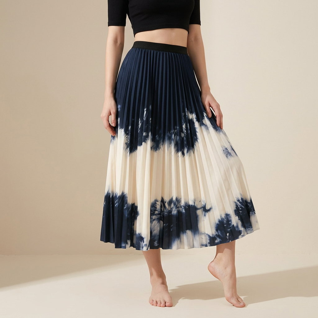 Contrast Color Gradient A Line Pleated Navy Blue Skirt - 2125_GRD_NAV