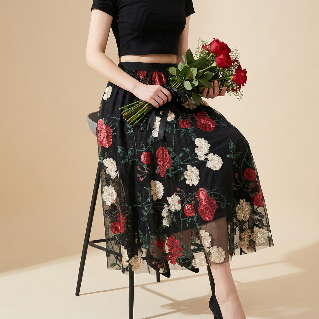 Luxury French Floral Embroidery Mesh Multilayer Black Skirt - 9803_BLA