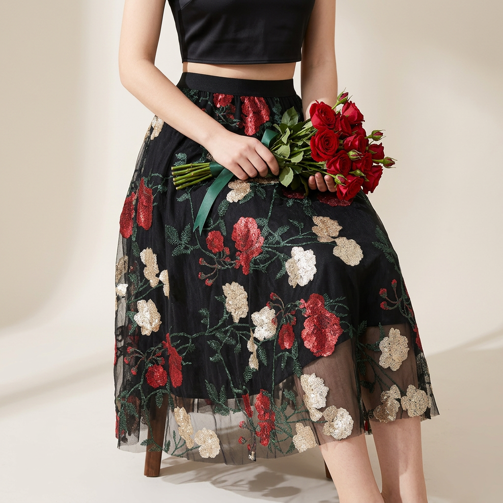 Luxury French Floral Embroidery Mesh Multilayer Black Skirt - 9803_BLA