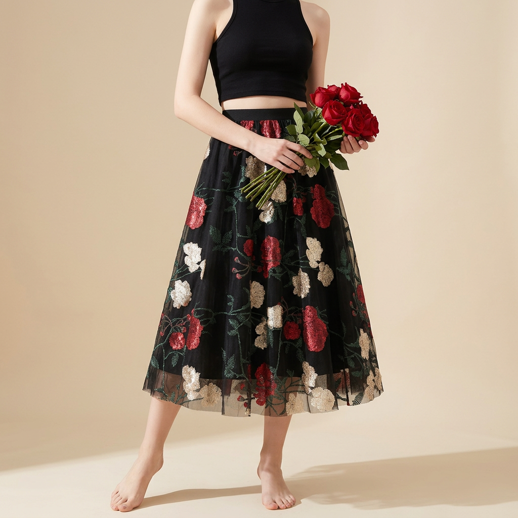 Luxury French Floral Embroidery Mesh Multilayer Black Skirt - 9803_BLA