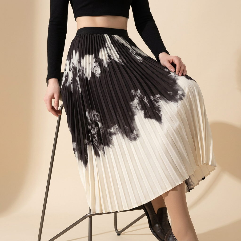 Contrast Color Gradient A Line Pleated White And Khaki Skirt - 2125_GRD_KHA