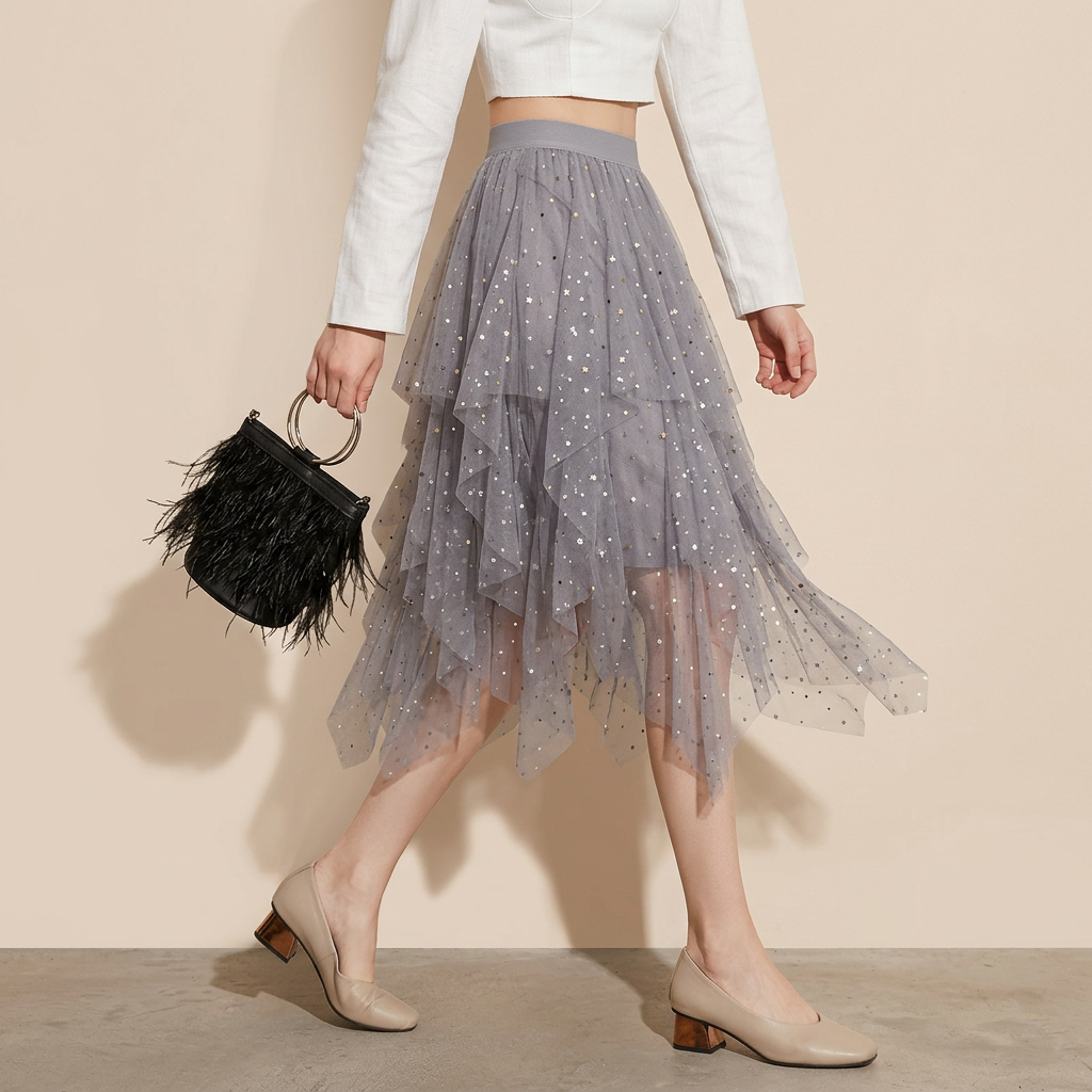 Fluffy Star Sequin Irregular Mesh And Velvet Skirt - 0310_GREY