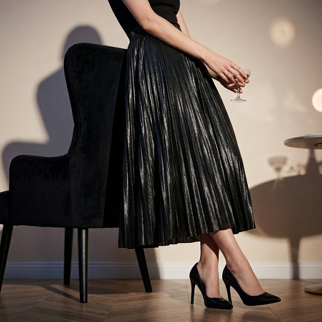 Metallic Color Accordion Pleats Party Wear Skirt - 0317_BLACK