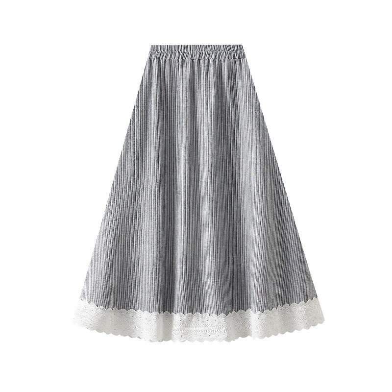 Vintage Striped Midi Skirt with Lace Trim With Pocket