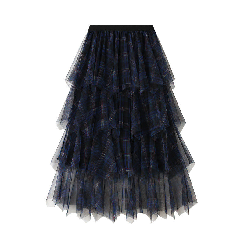 Navy Plaid Layered Tulle Skirt