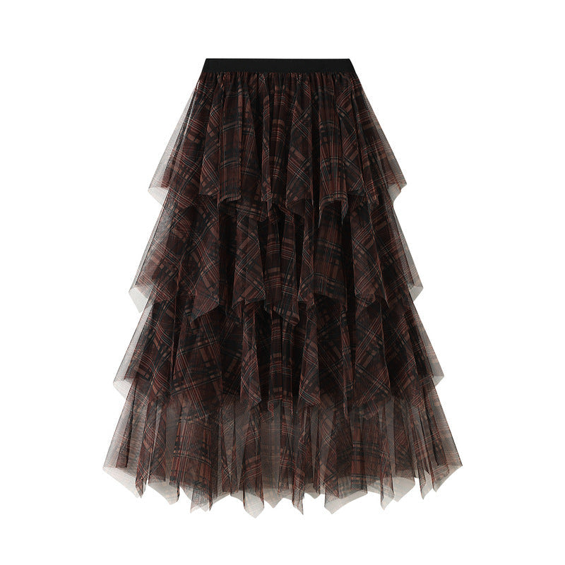 Brown Plaid Layered Tulle Skirt