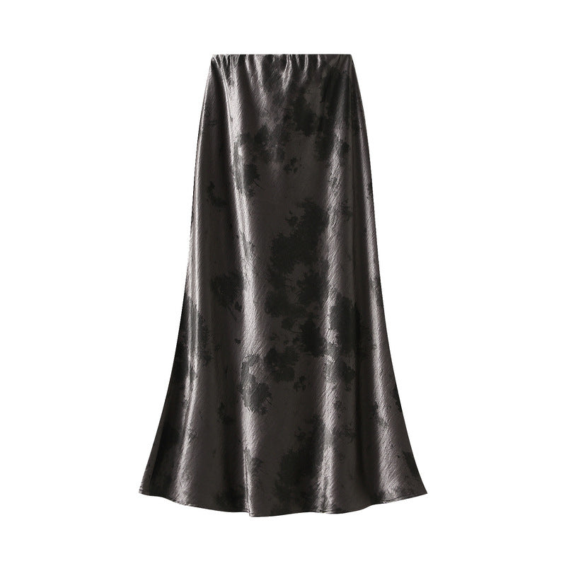 Charcoal Satin Print Midi Skirt