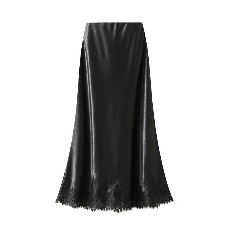 Black Satin Lace Trim Midi Skirt
