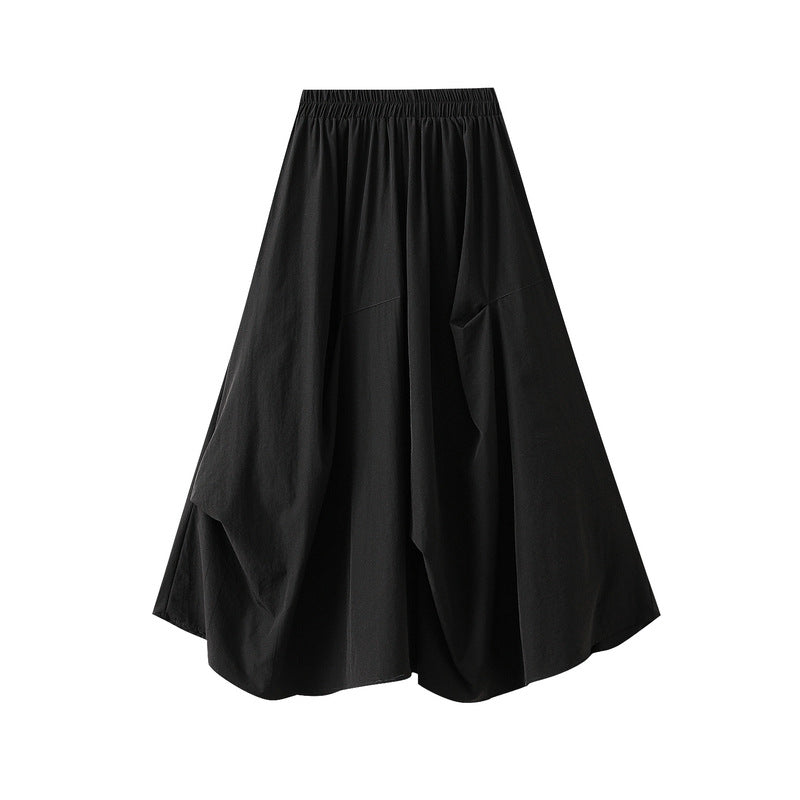 Black Draped Balloon Midi Skirt With Pocket