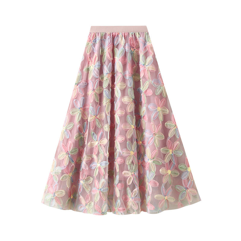 Pink Pastel Floral Embroidered Mesh Maxi Skirt