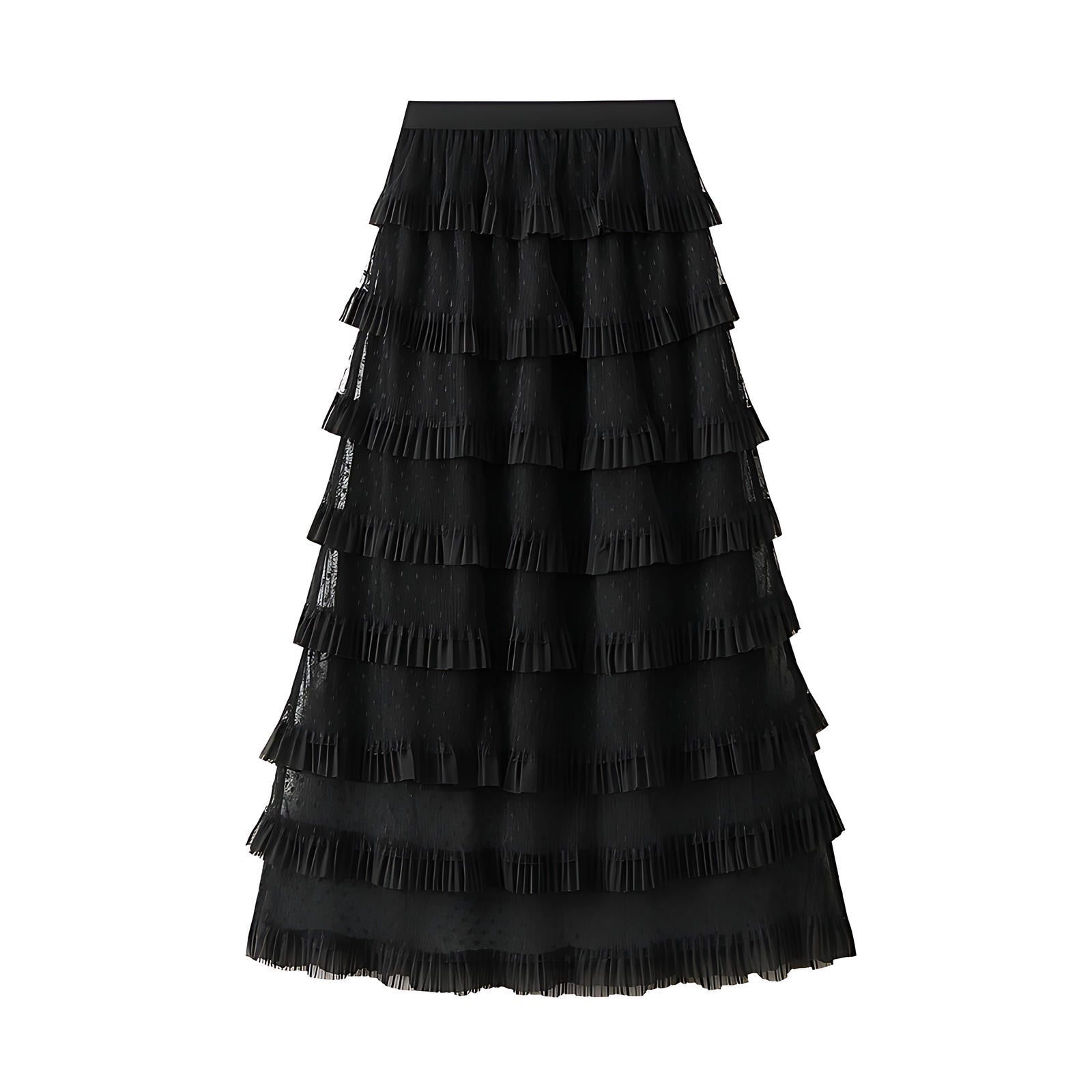 Vintage Charm Polka Dot Tiered Mesh Skirt - D808_BLACK