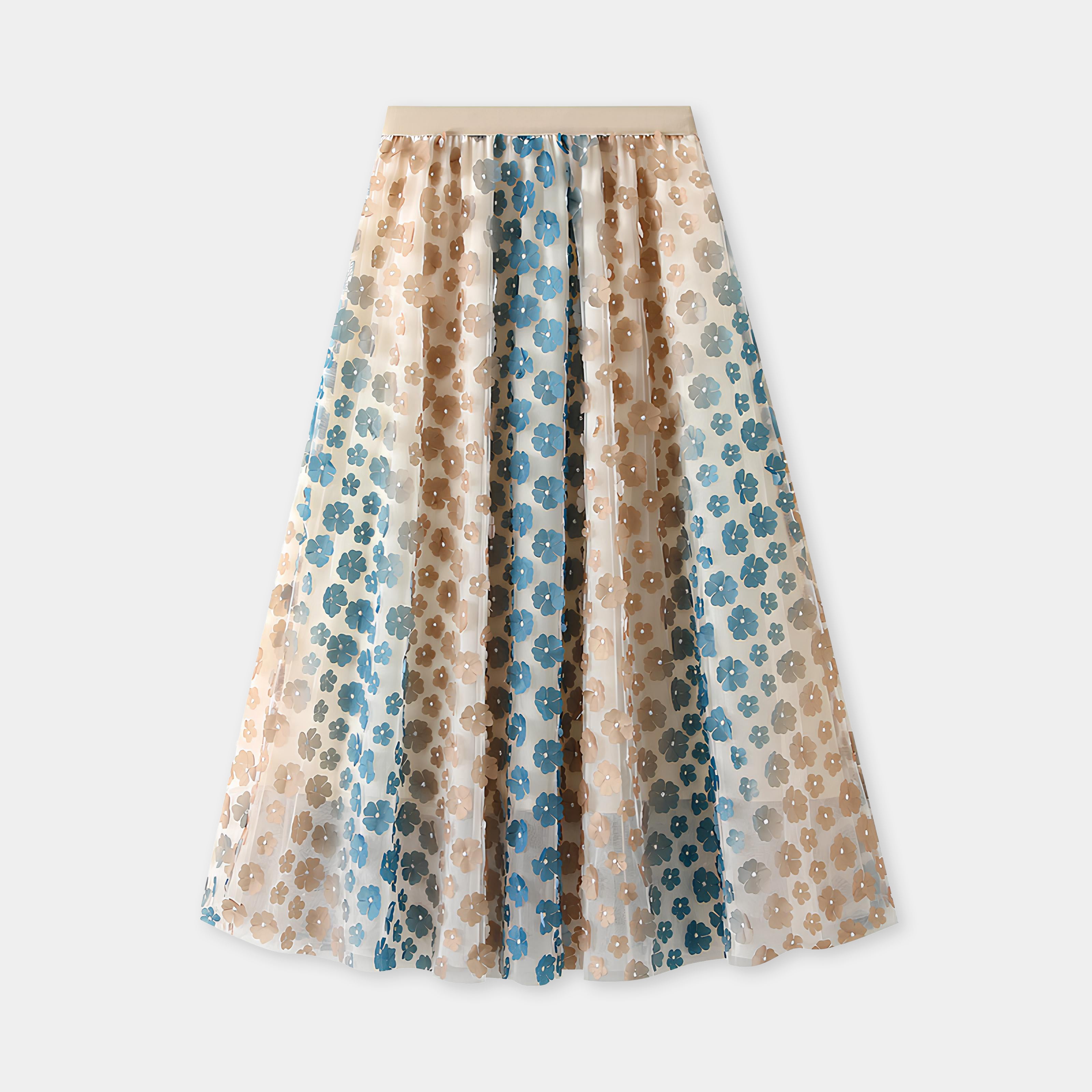 Multilayer Mesh Flower Skirt With Satin Lining - 1855_BLUE