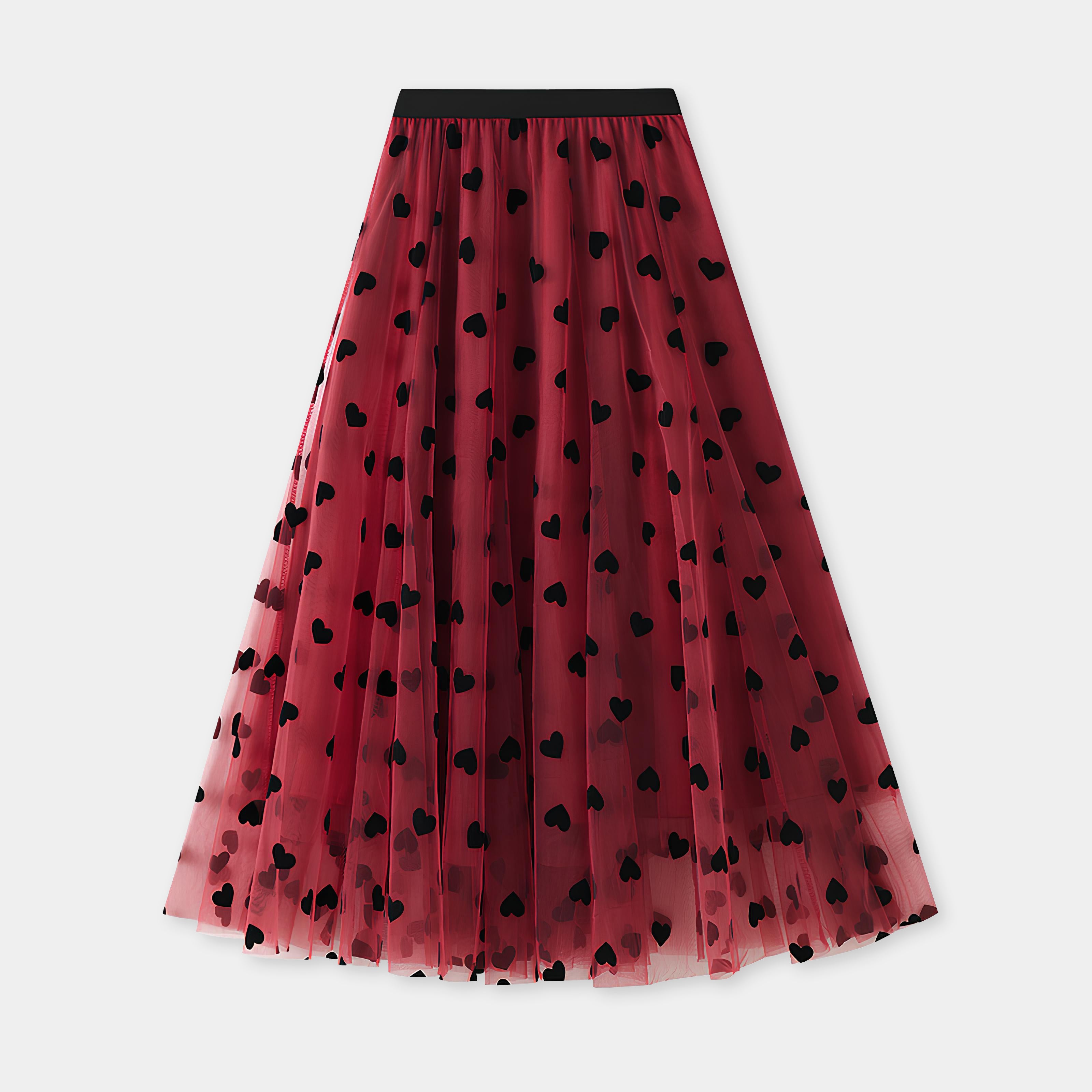 Multilayer Mesh Heart Skirt With Satin Lining - 1200_RED
