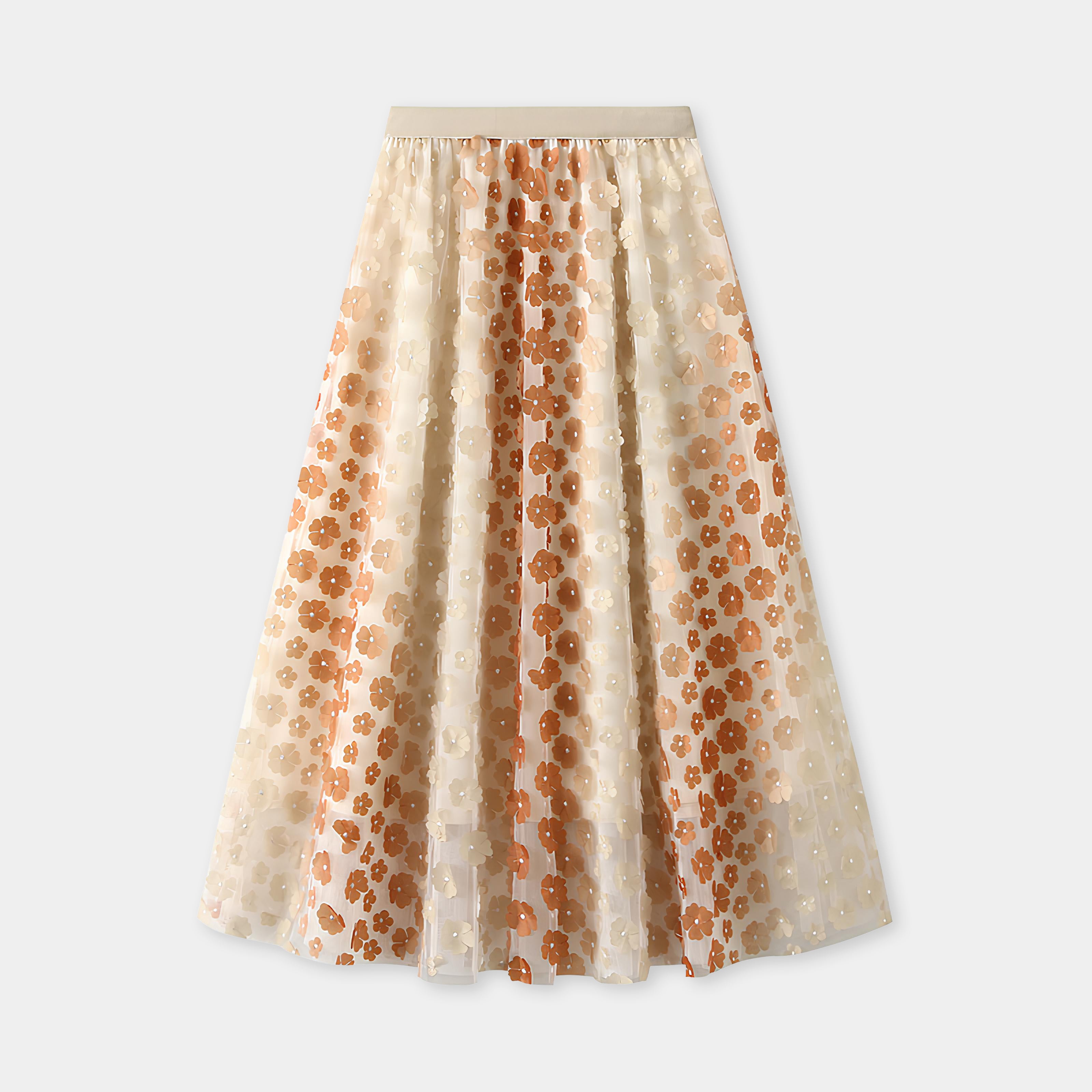 Multilayer Mesh Flower Skirt With Satin Lining - 1855_KHAKI