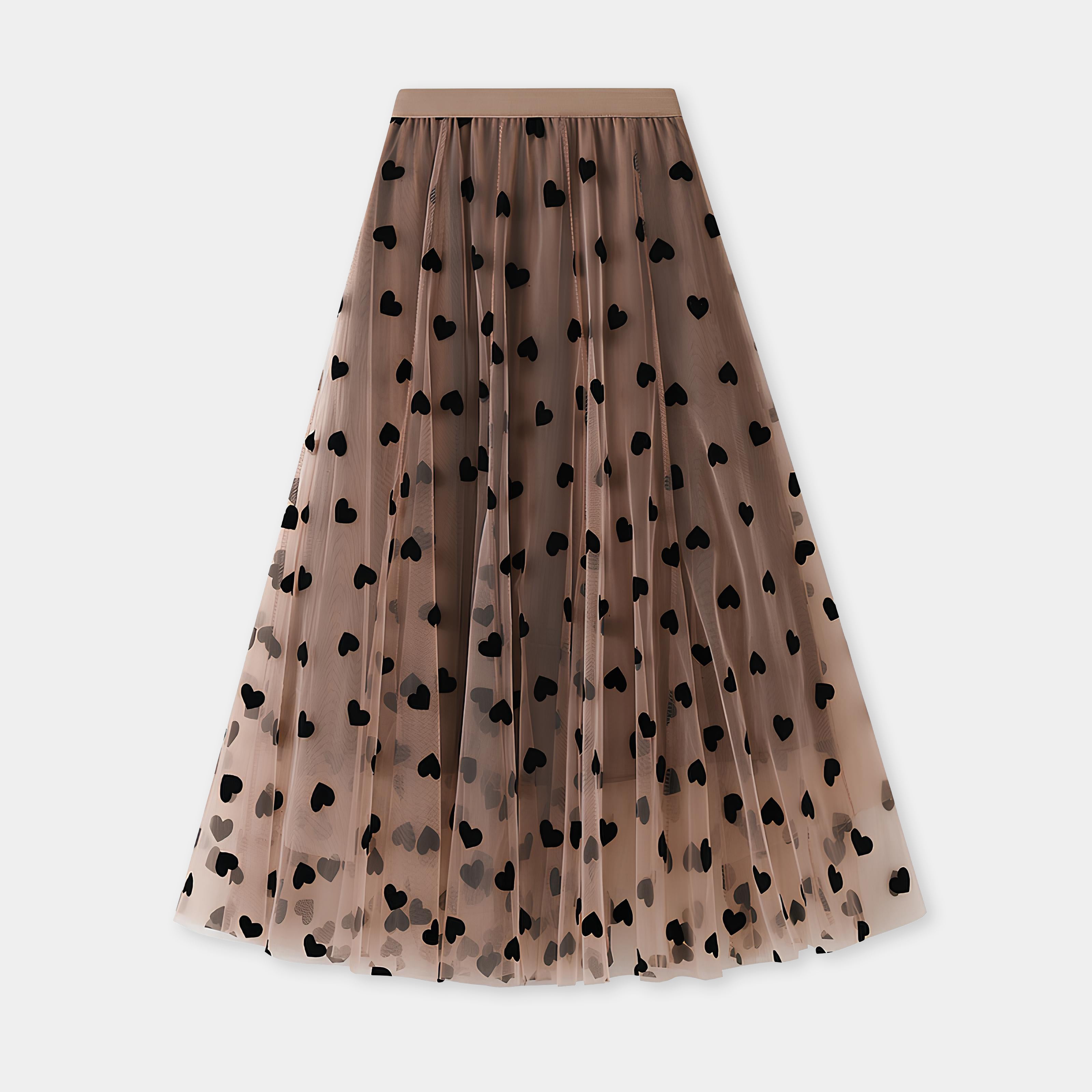 Multilayer Mesh Heart Skirt With Satin Lining - 1200_KHAKI