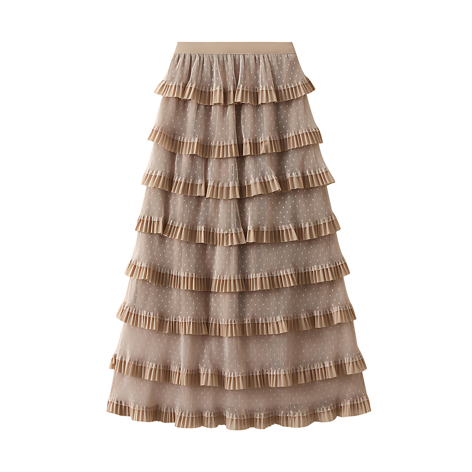 Vintage Charm Polka Dot Tiered Mesh Skirt - D808_KHAKI