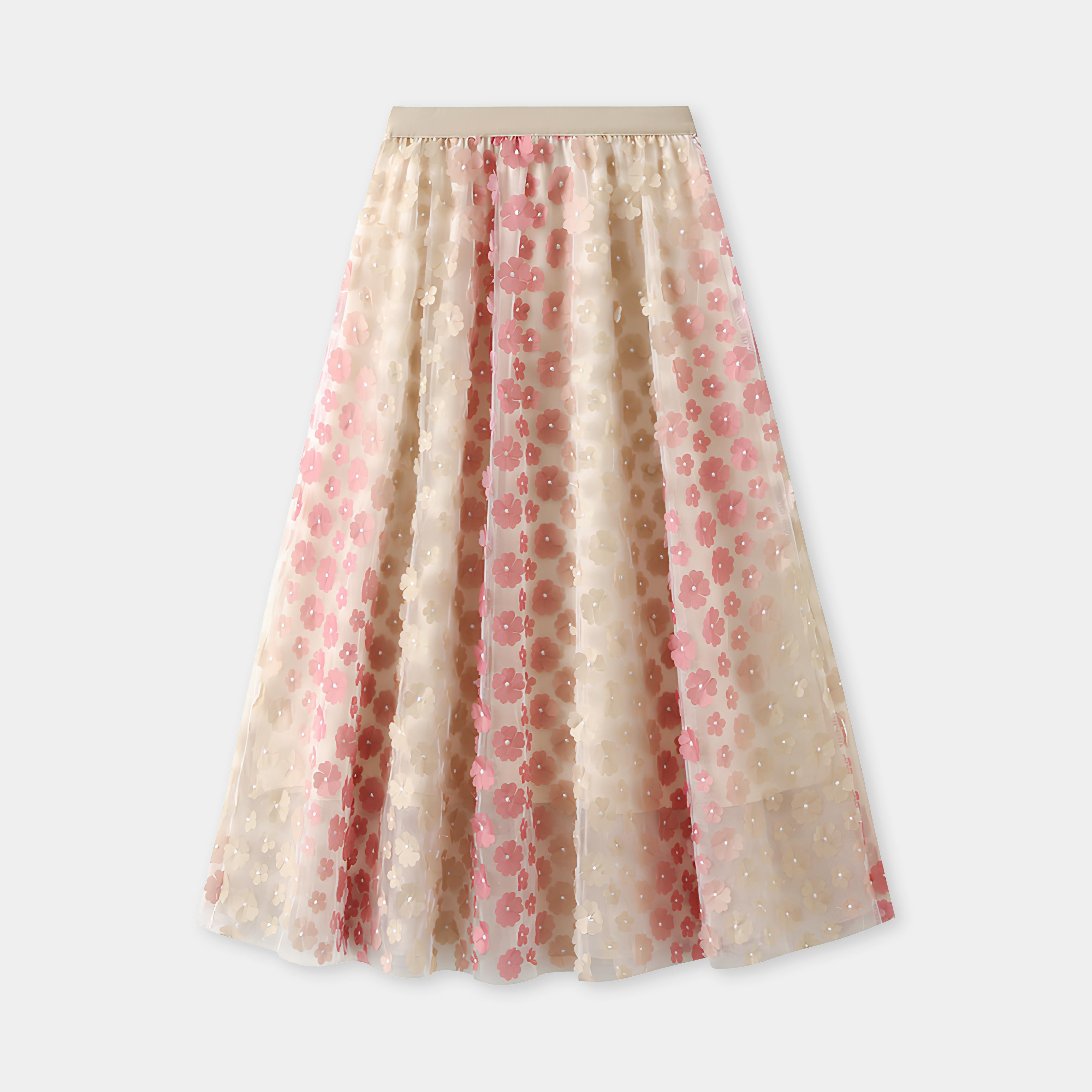 Multilayer Mesh Flower Skirt With Satin Lining - 1855_PINK
