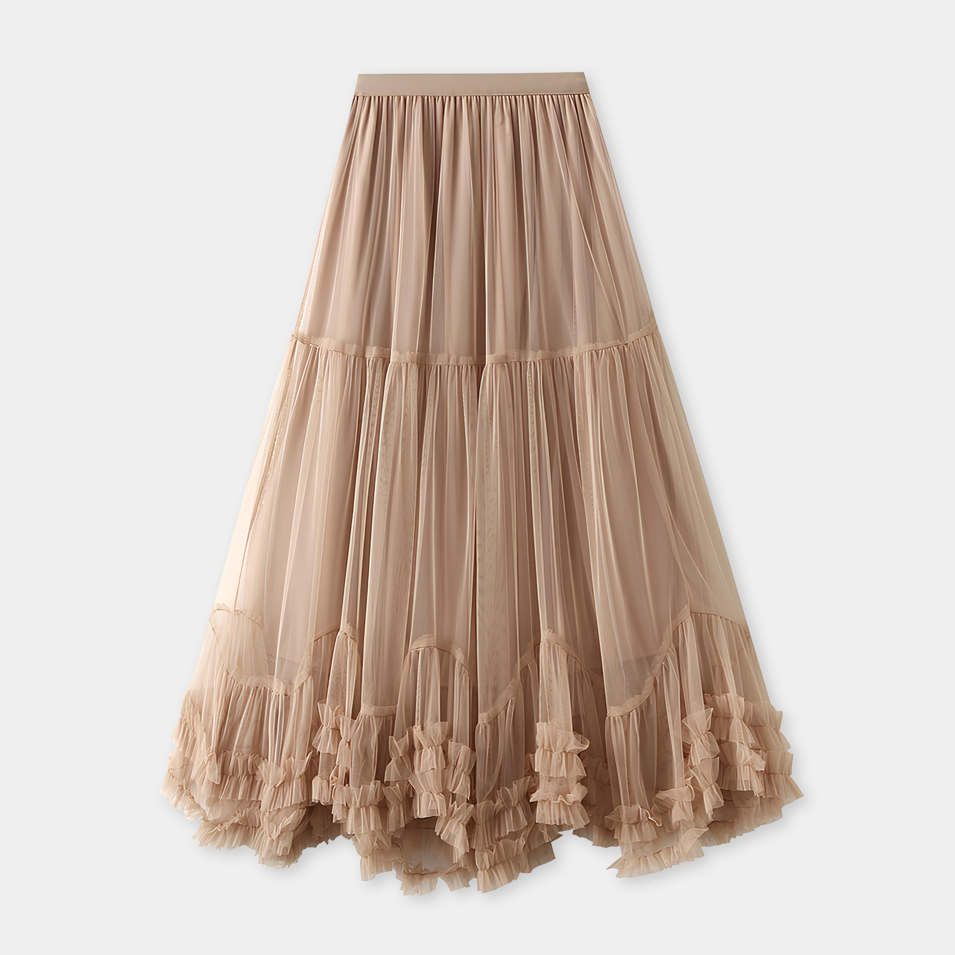 Extra large Hem Multilayer A-Line Mesh Skirt - 8023_KHAKI