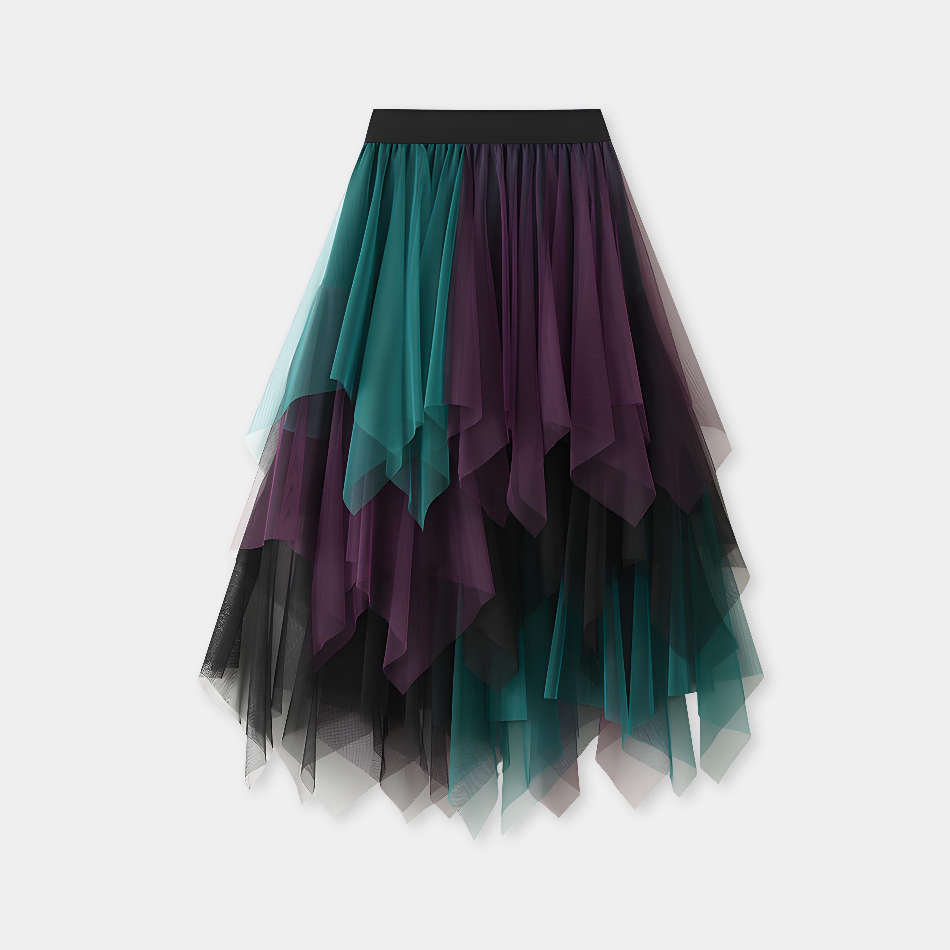 Multilayer Irregular Three Color Mesh Skirt - 8063_PURPLE AND GREEN
