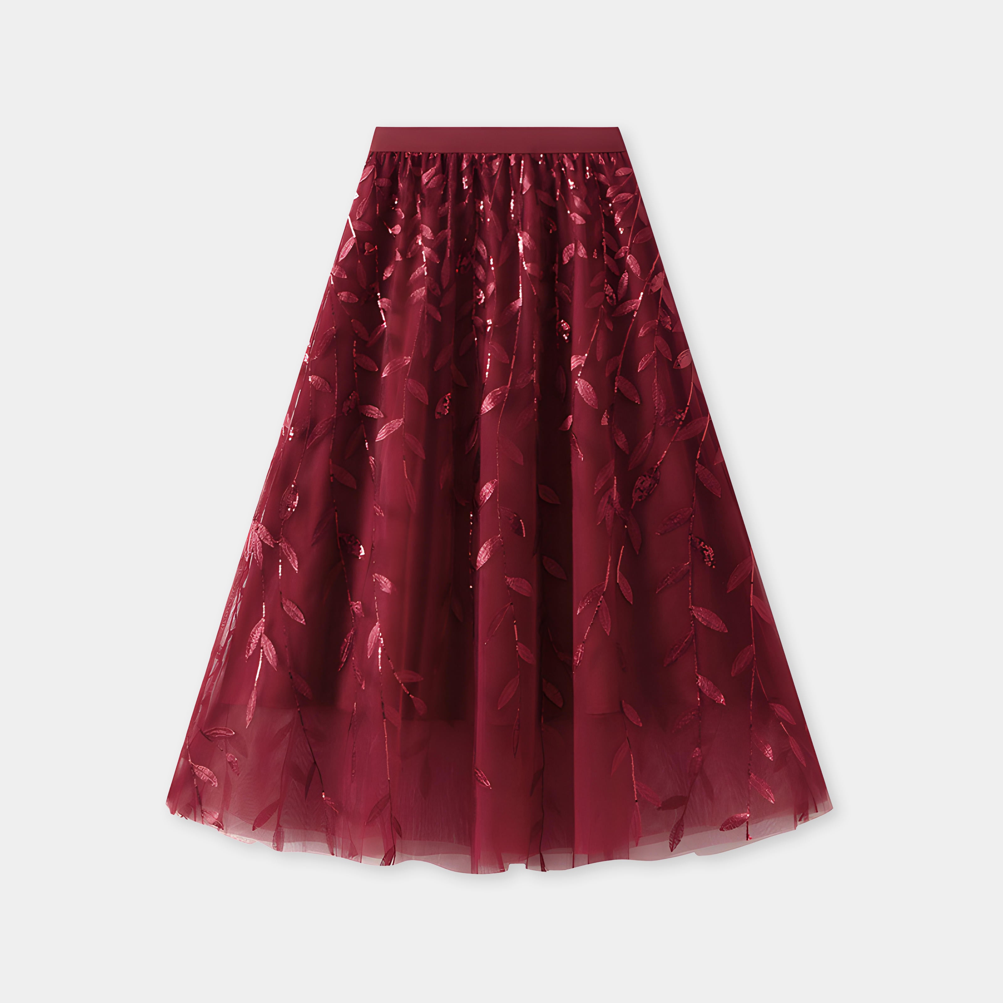 Multilayer Mesh A-Line Skirt With Glittering Leaf Embroidery - 1888_WINE RED