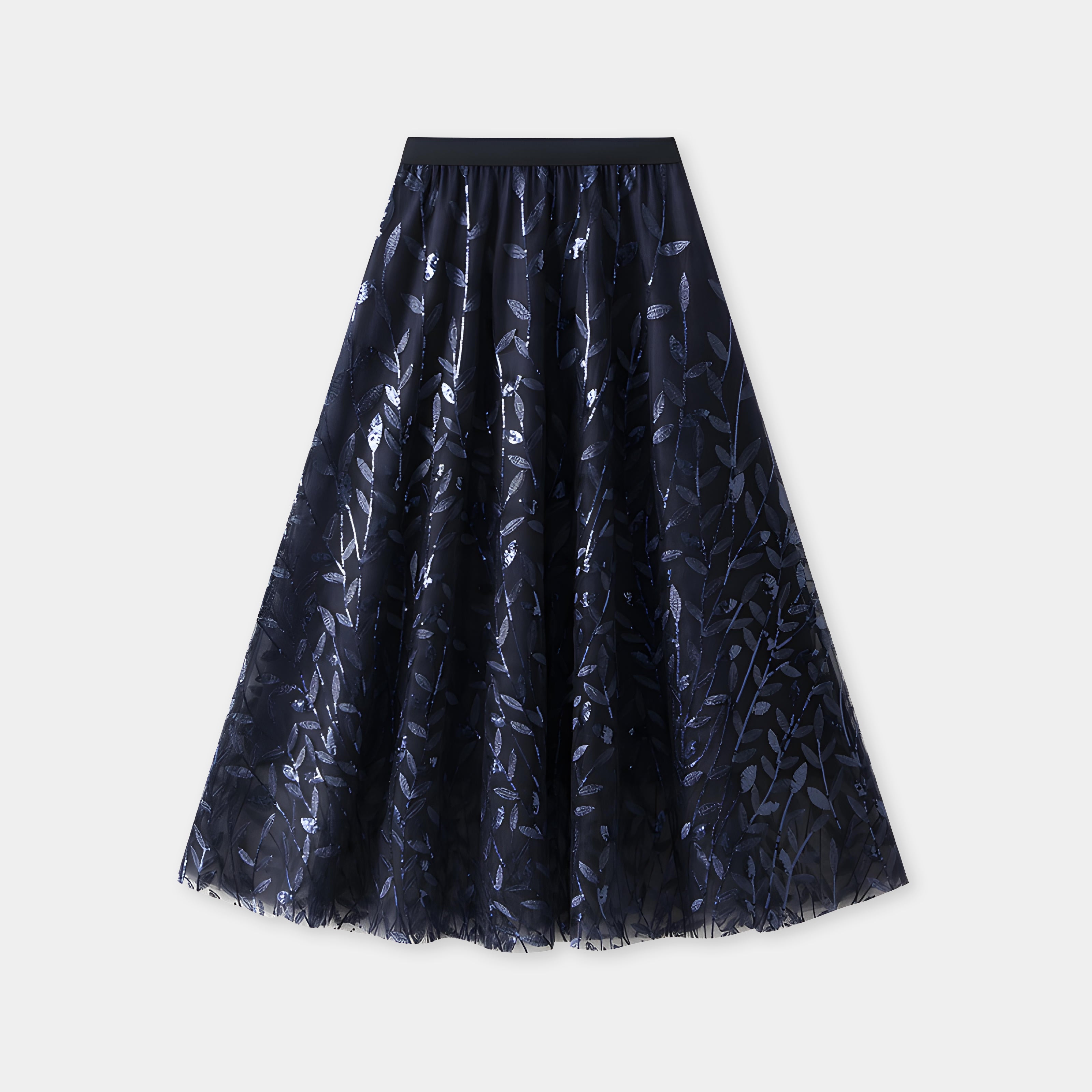 Multilayer Mesh A-Line Skirt With Glittering Leaf Embroidery - 1888_SAPPHIRE