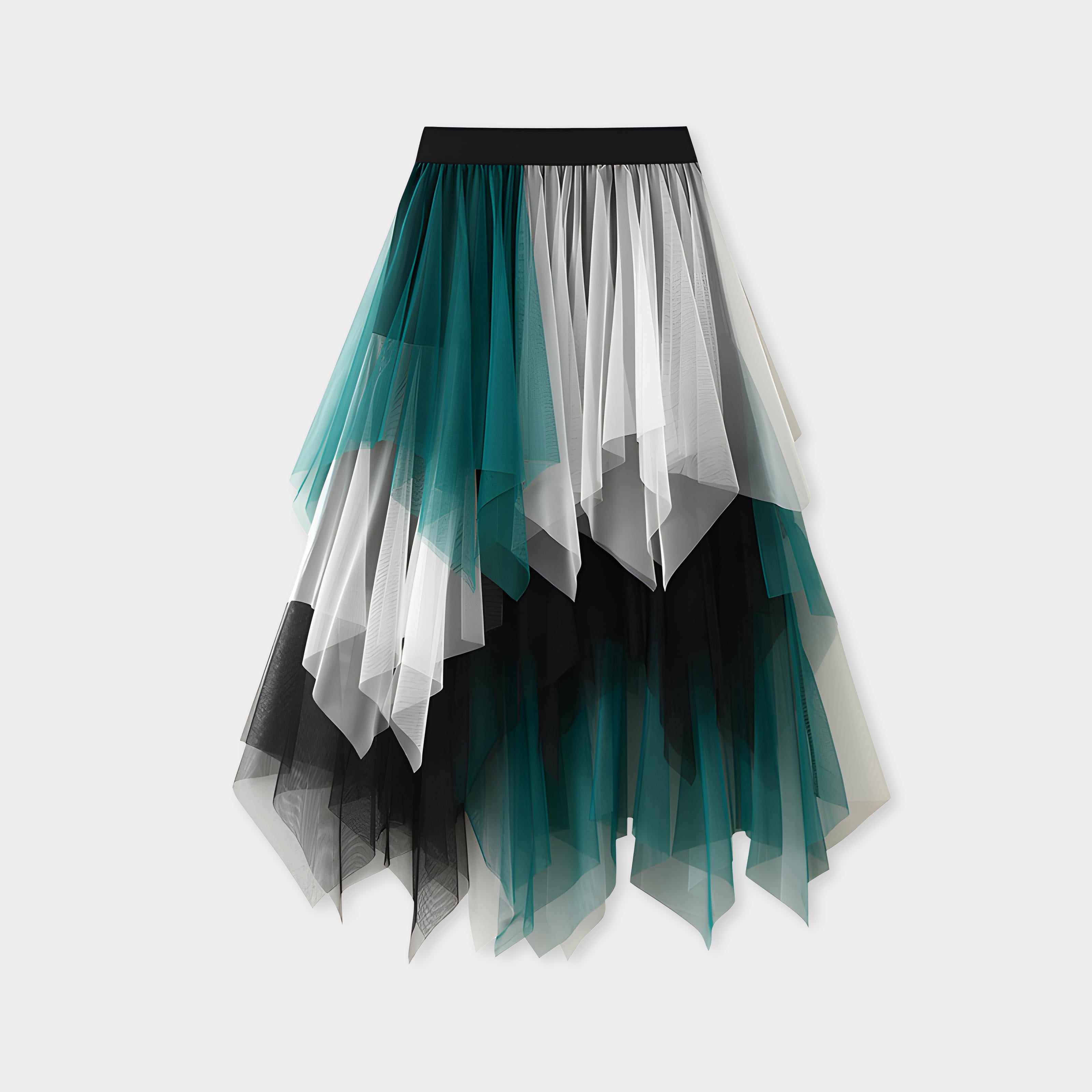 Multilayer Irregular Three Color Mesh Skirt - 8063_WHITE AND GREEN