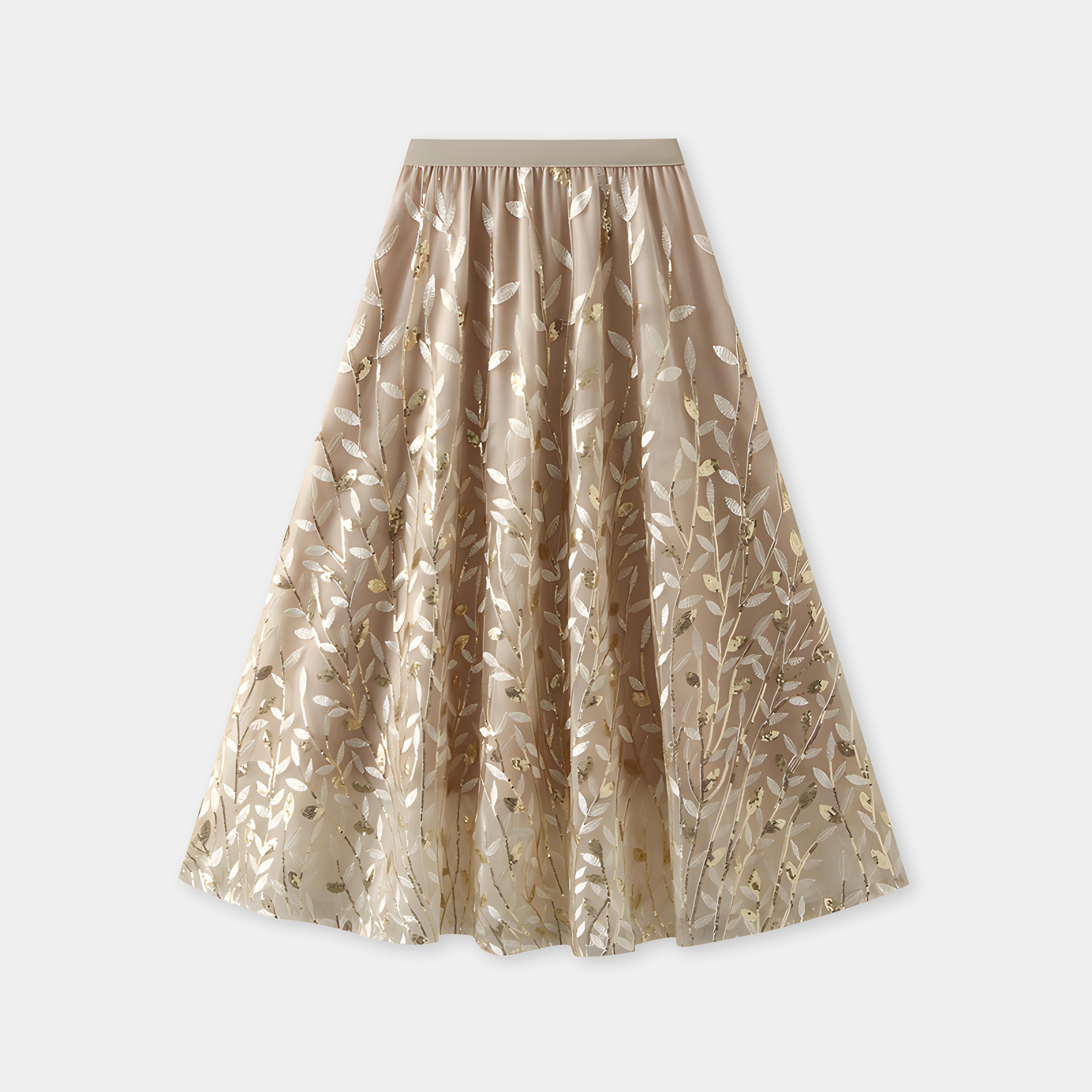 Multilayer Mesh A-Line Skirt With Glittering Leaf Embroidery - 1888_APRICOT