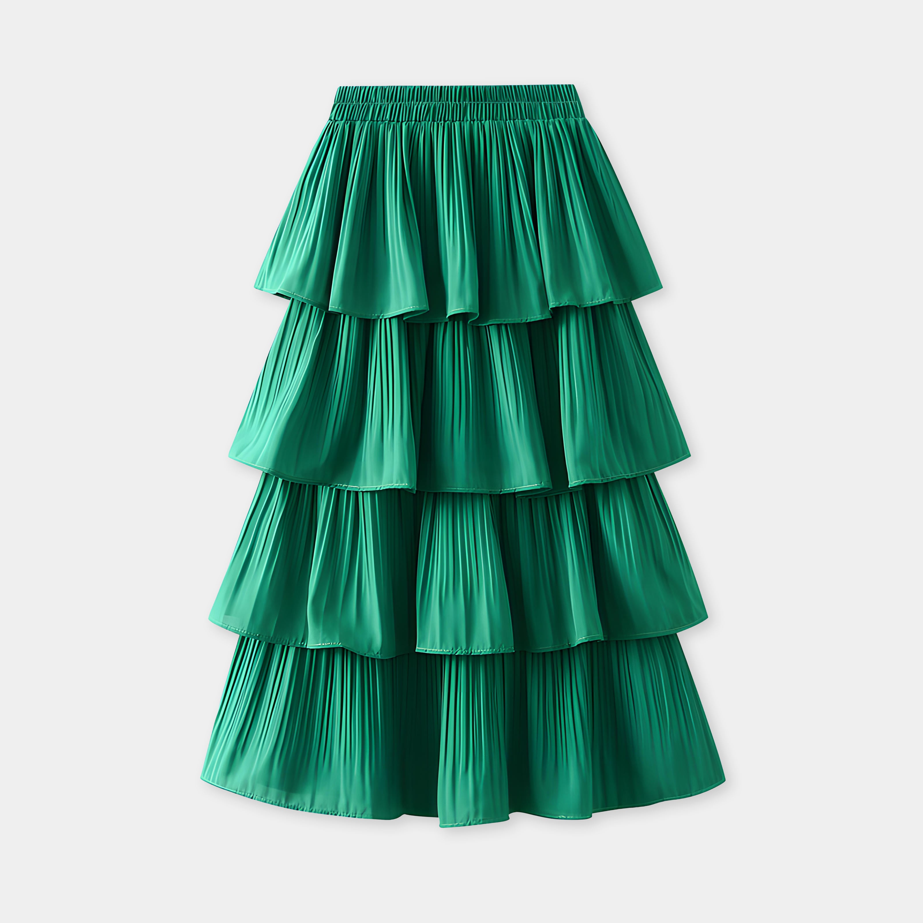 Mushroom Edge Pleated Skirt With Satin Lining - 1020_GREEN