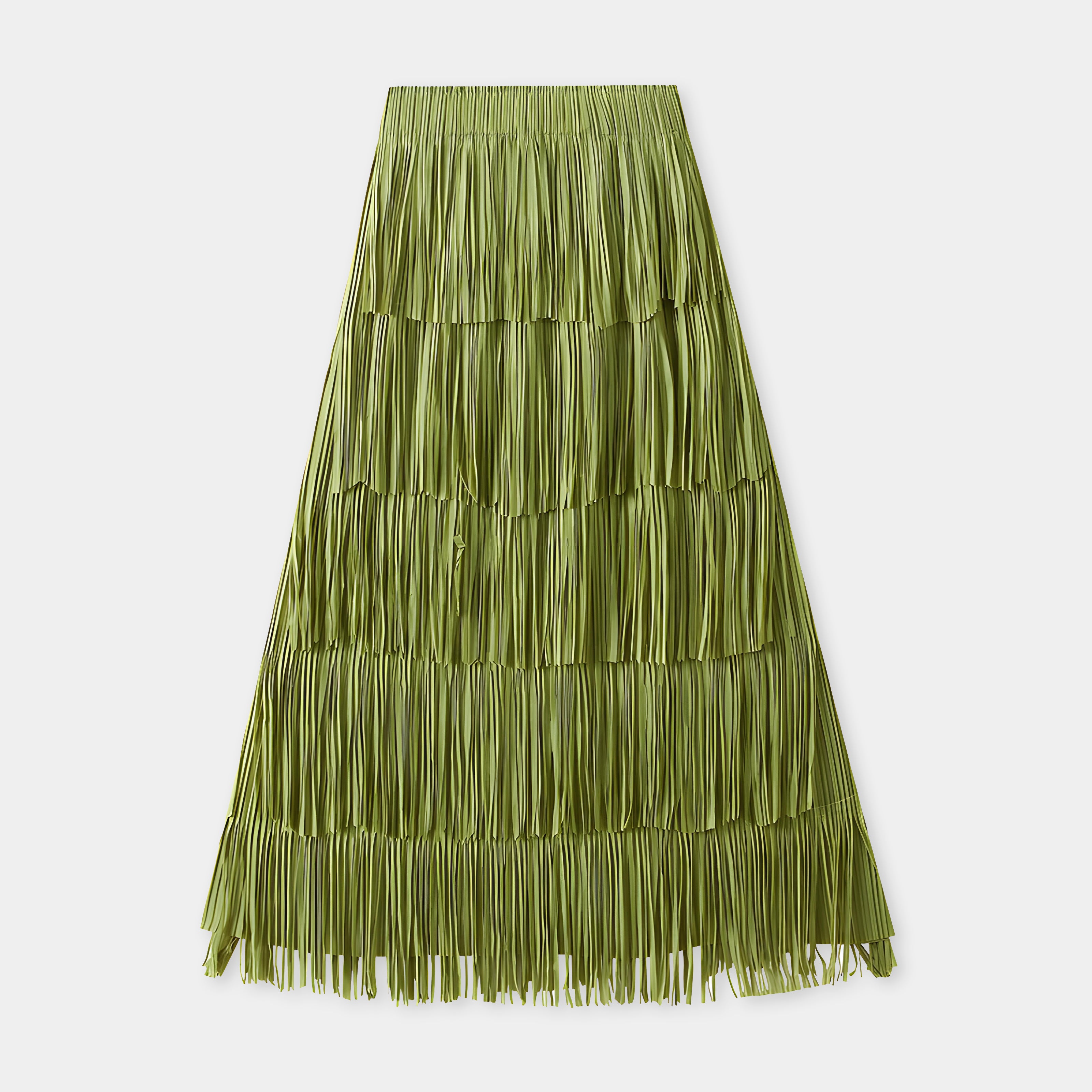 Multilayer Tassel Designer Skirt - 0666_GRASS GREEN