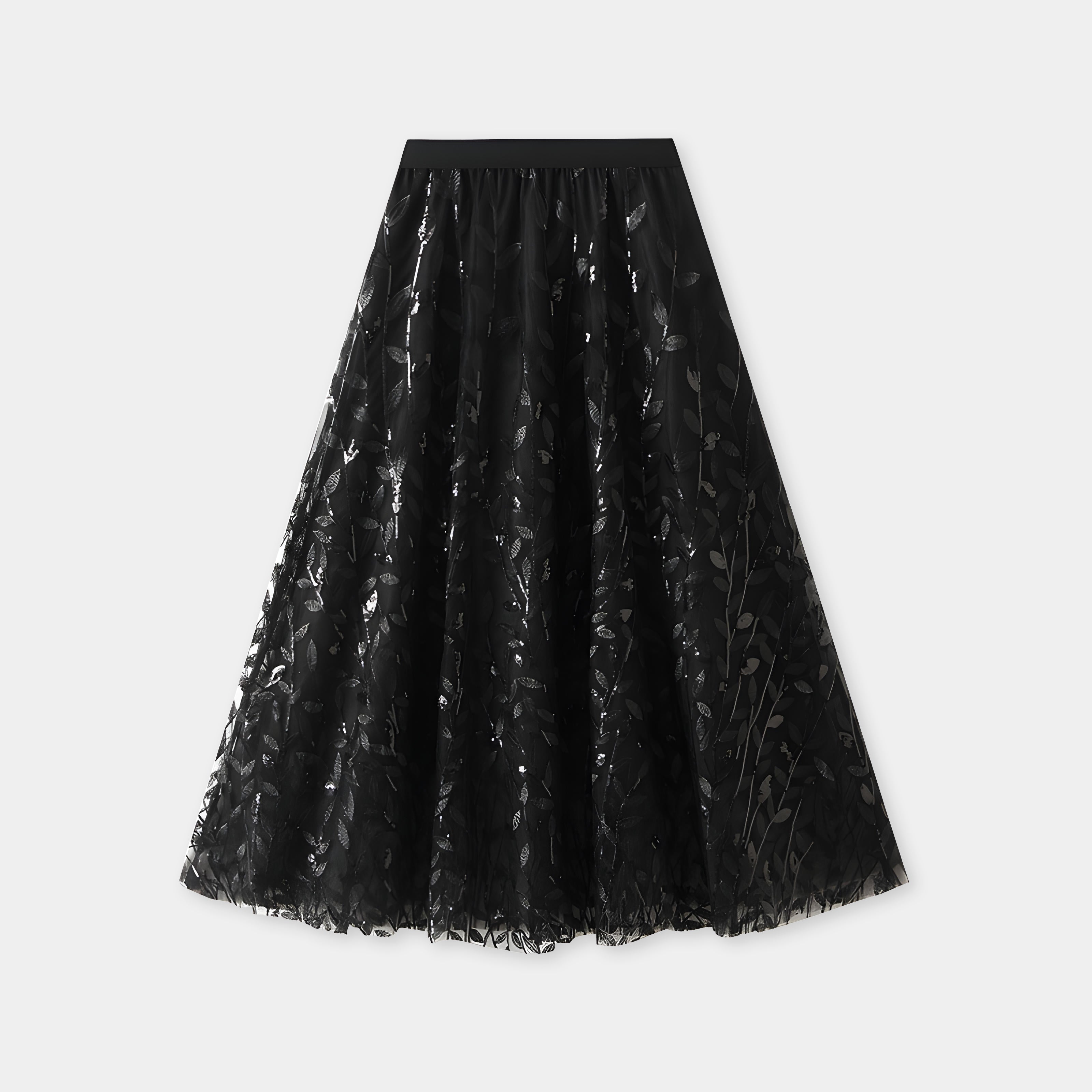 Multilayer Mesh A-Line Skirt With Glittering Leaf Embroidery - 1888_BLACK
