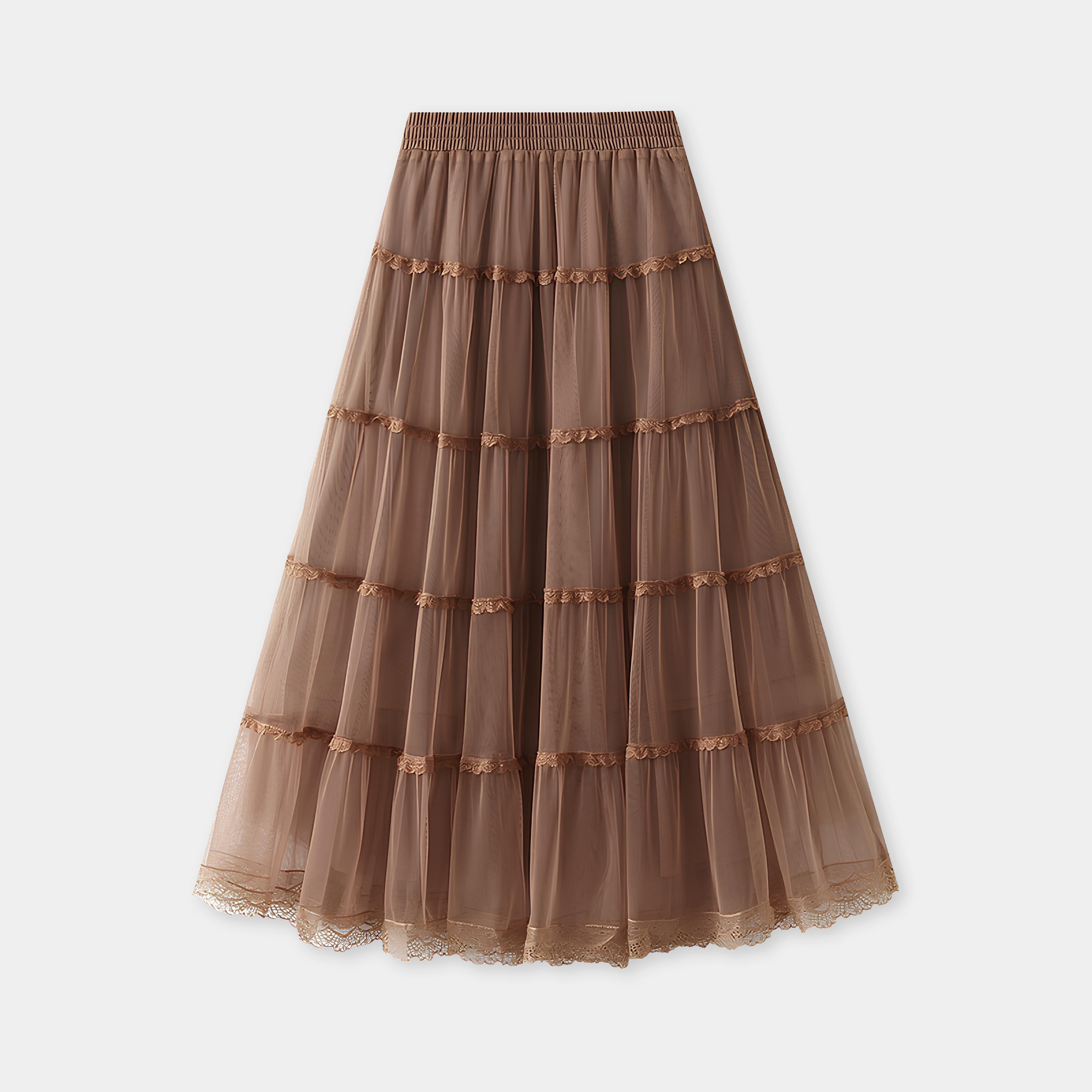 Multi Layer Mesh And Lace Skirt with Satin Lining - 2113_KHA