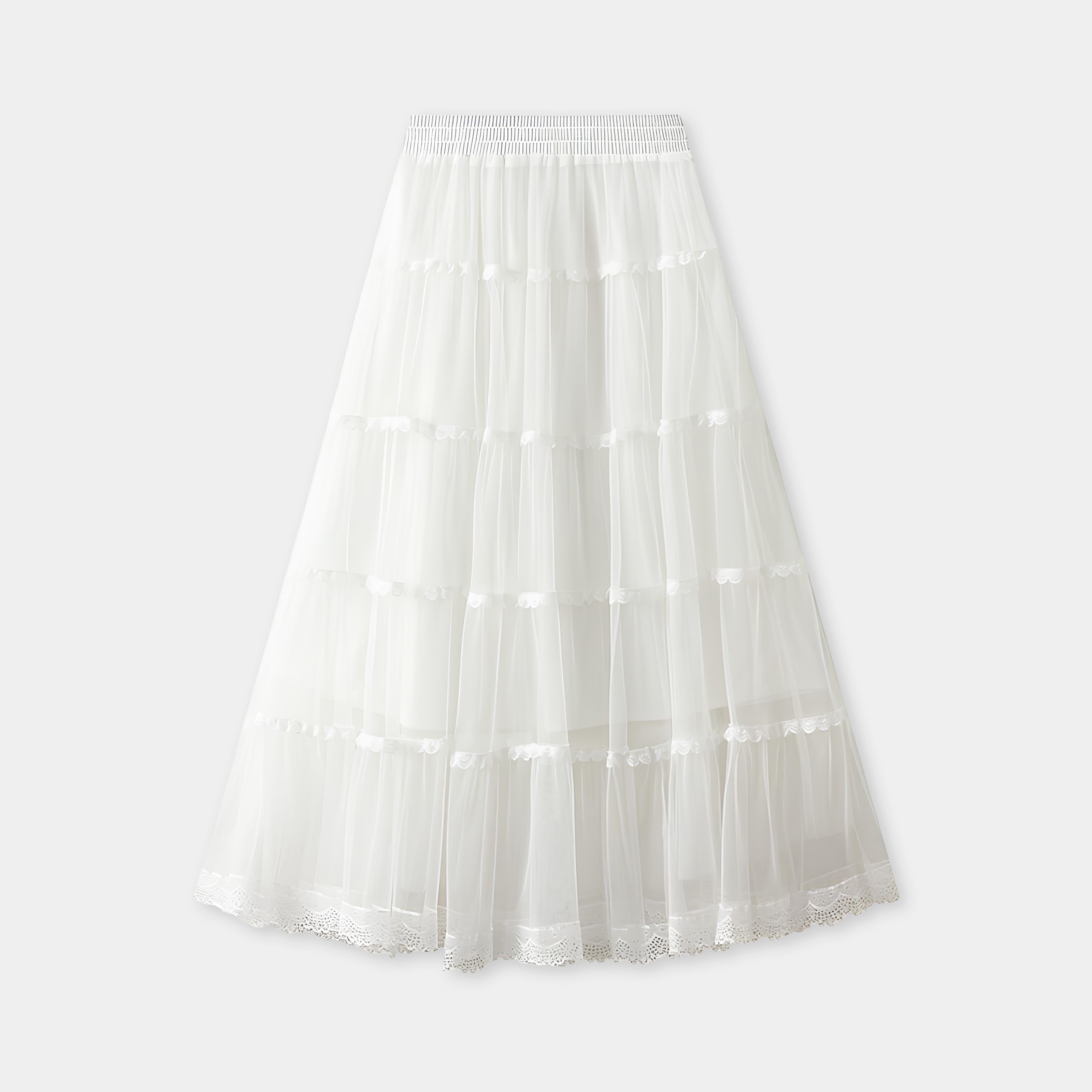 Multi Layer Mesh And Lace Skirt with Satin Lining - 2113_WHI