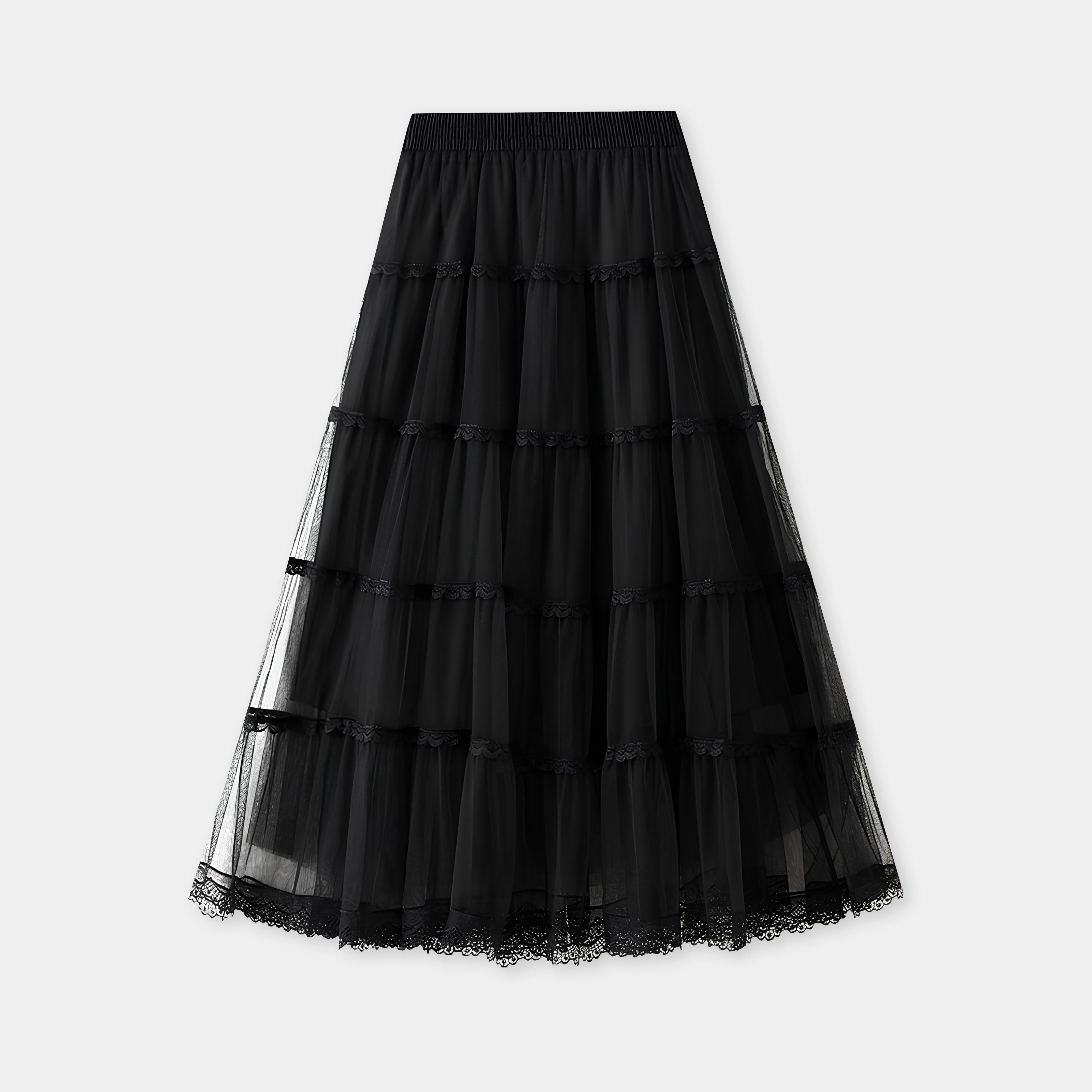 Multi Layer Mesh And Lace Skirt with Satin Lining - 2113_BLA