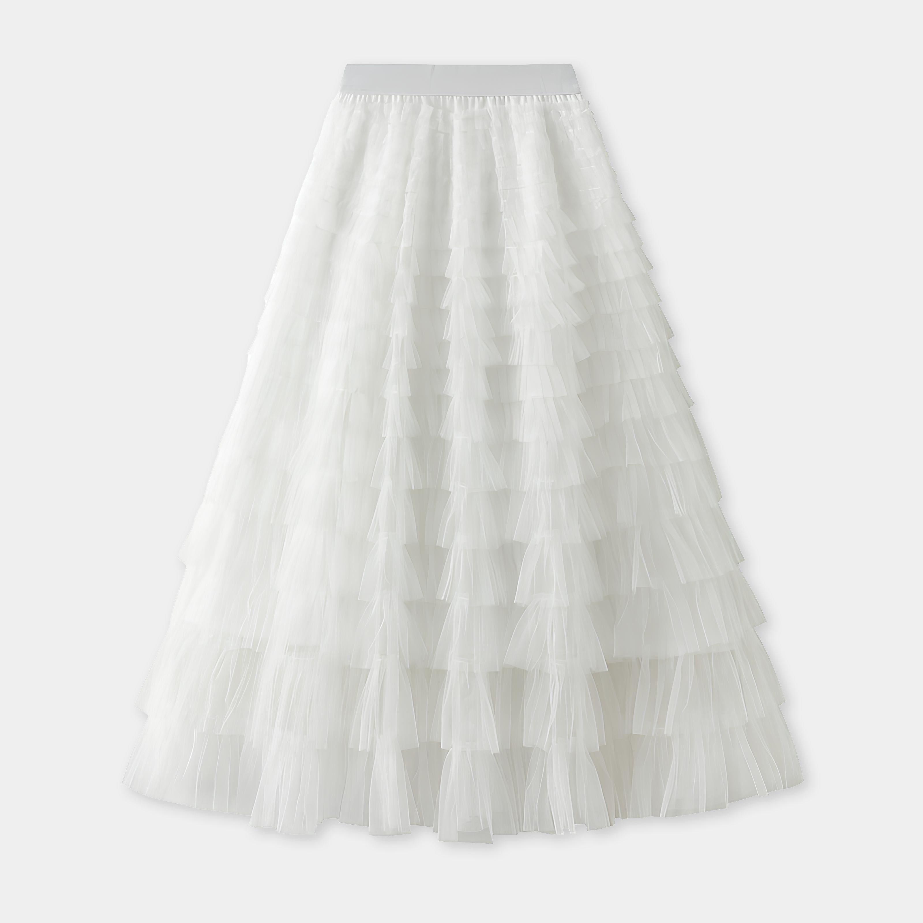 Heavy Mesh Gauze Multilayer Long Skirt With Satin Lining - 2210_WHITE