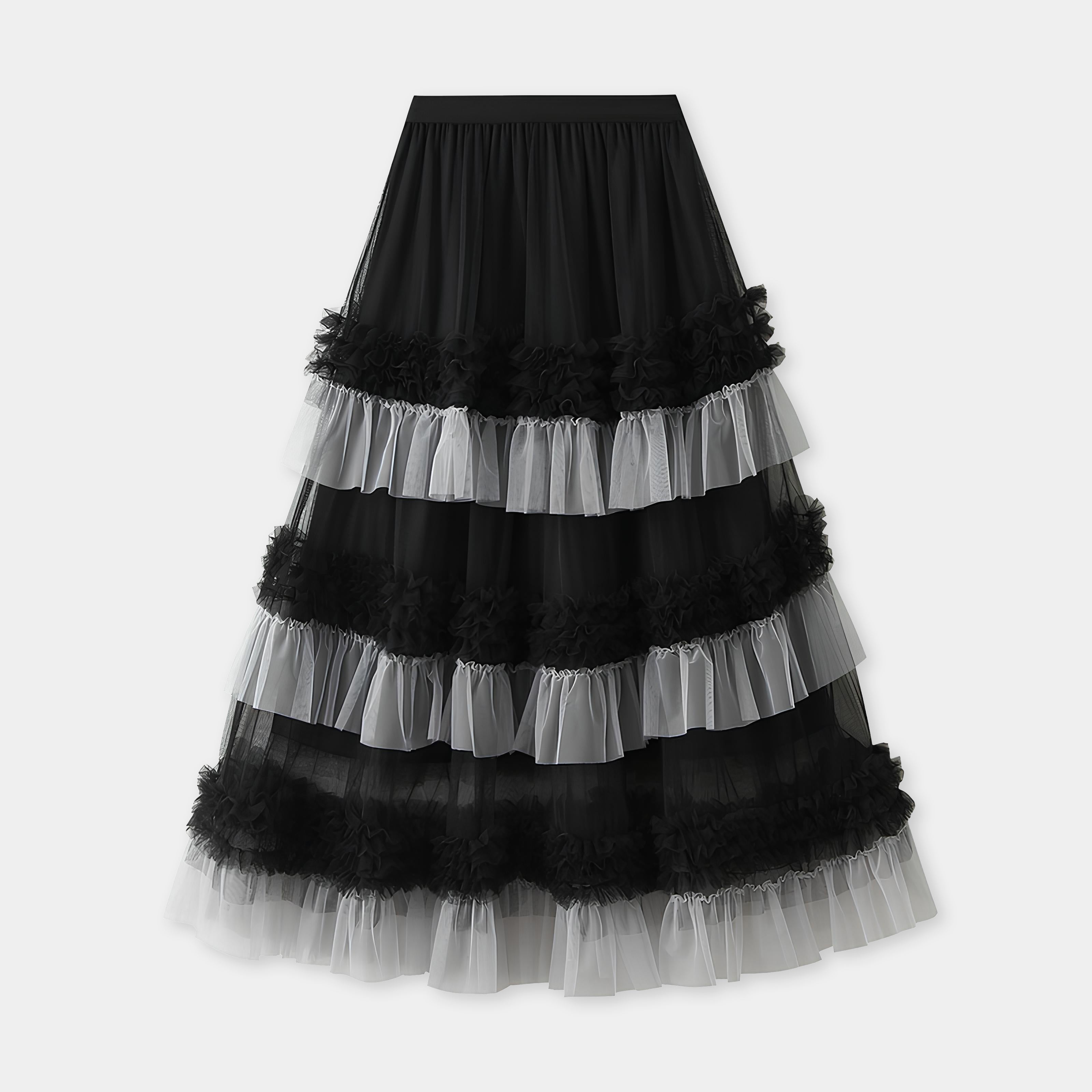 Ruffled Mesh Gauze Skirt With Satin Lining- 1391_BLA