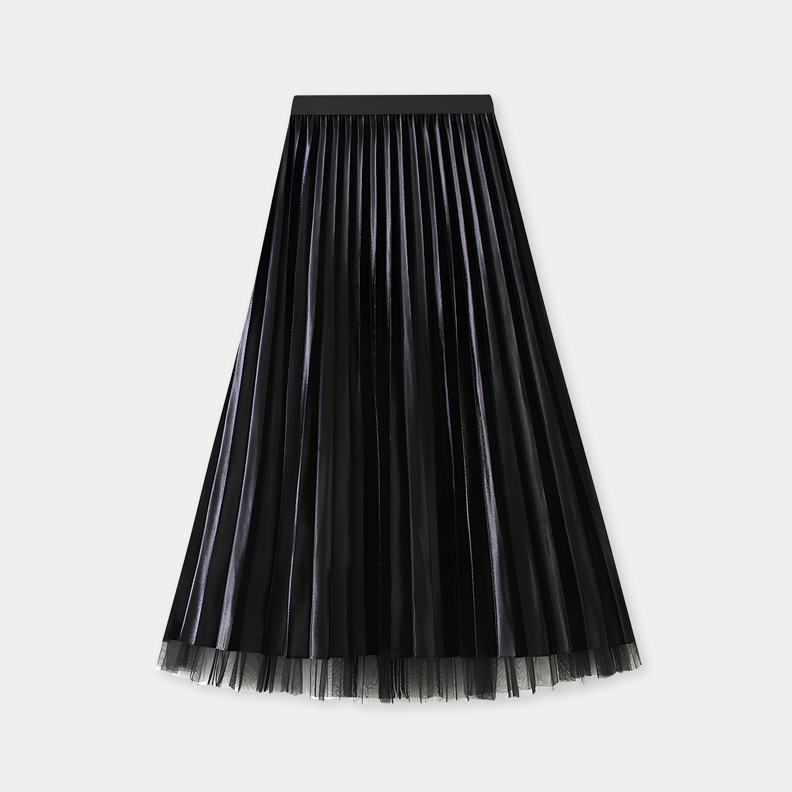 Velvet And Mesh Multilayer Pleated Skirt - 3319_BLACK