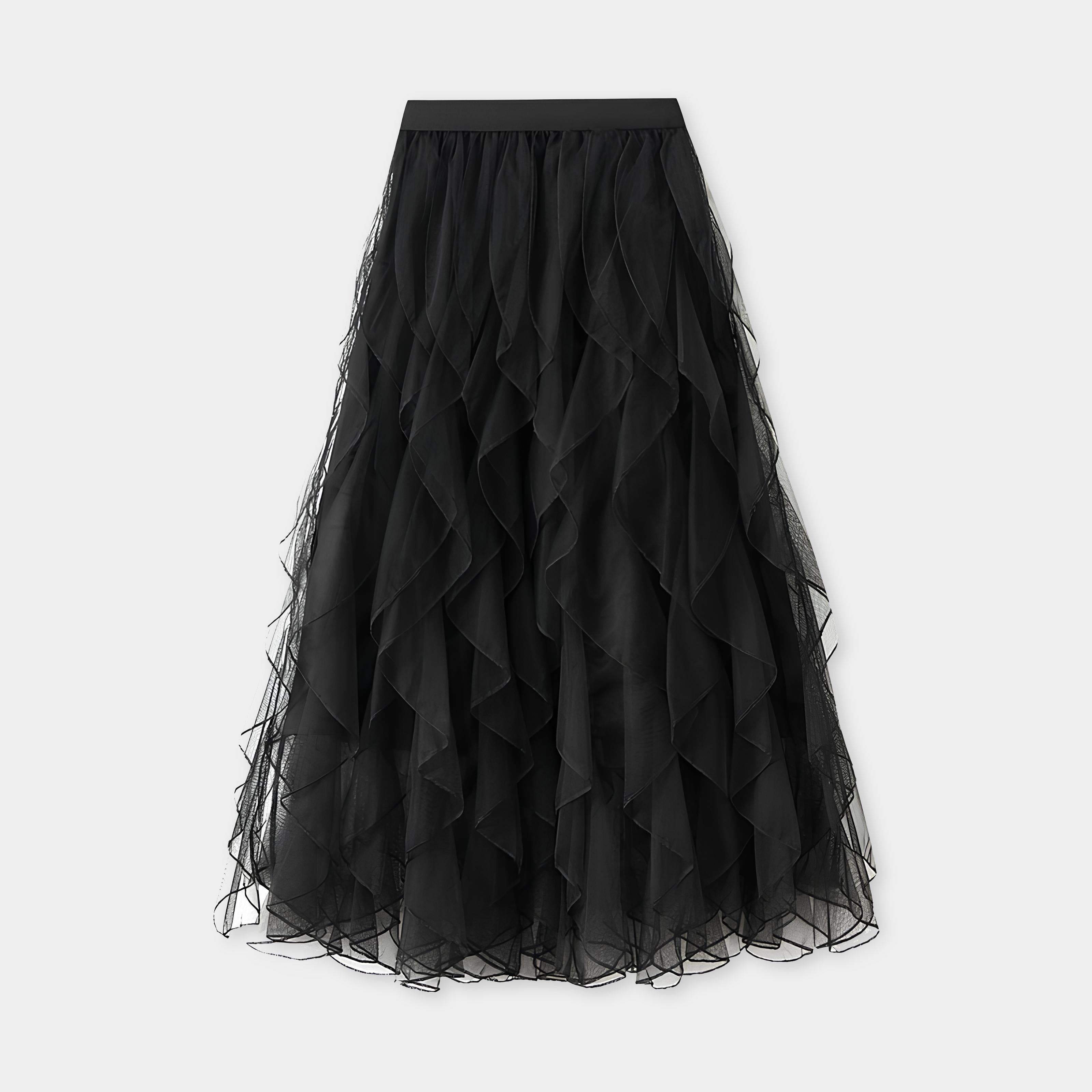 Ruffled Wavy Mesh A-Line Skirt - 0961_BLACK
