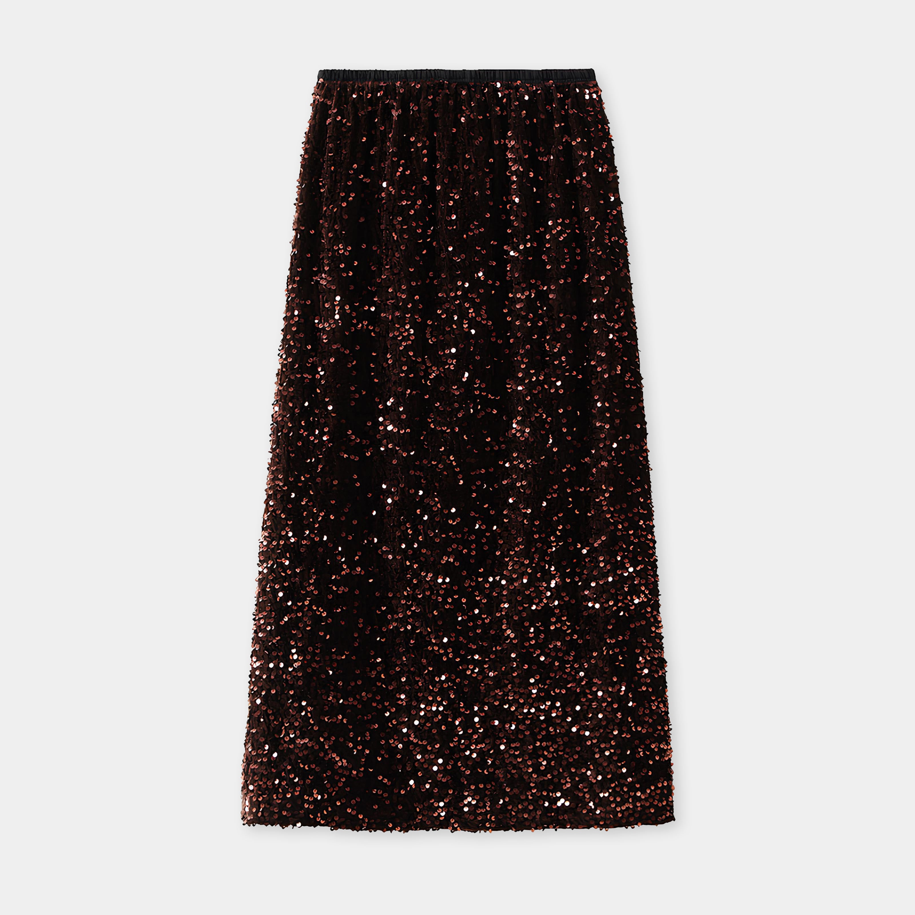 Heavy Sequinned Hip Skirt With Back Slit - D8035_COFFEE