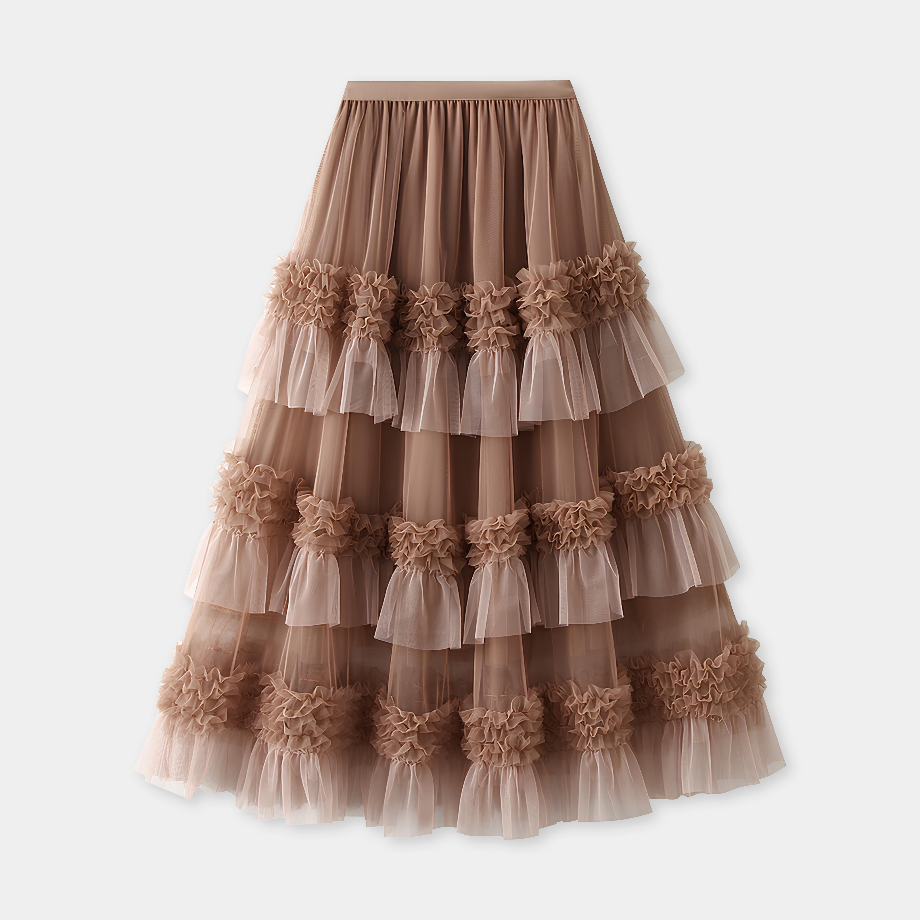 Ruffled Mesh Gauze Skirt With Satin Lining- 1391_KHA