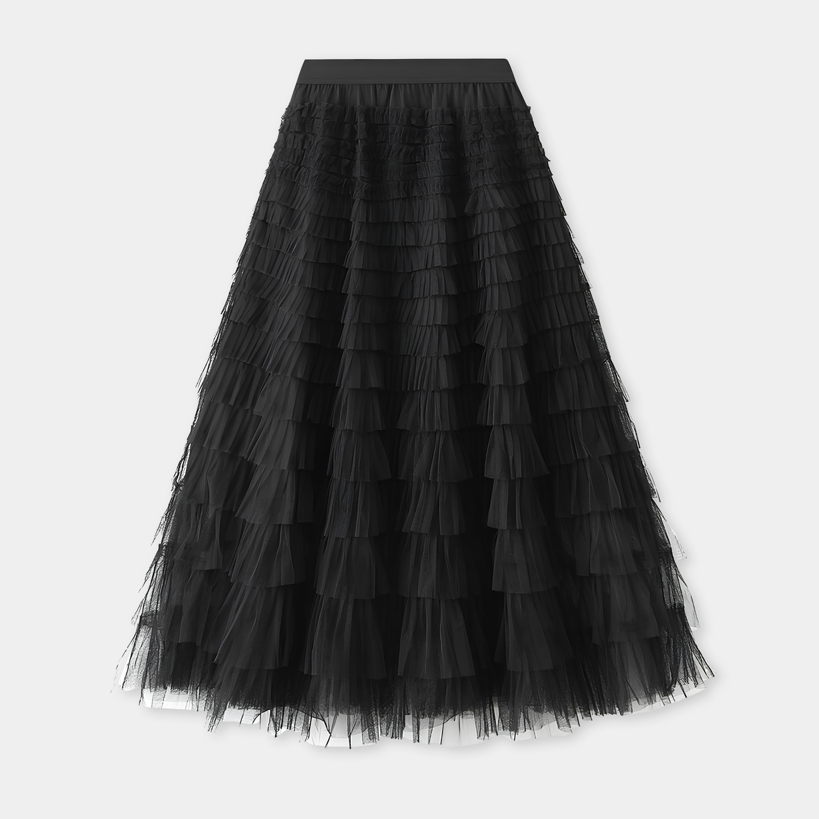Heavy Mesh Gauze Multilayer Long Skirt With Satin Lining - 2210_BLACK