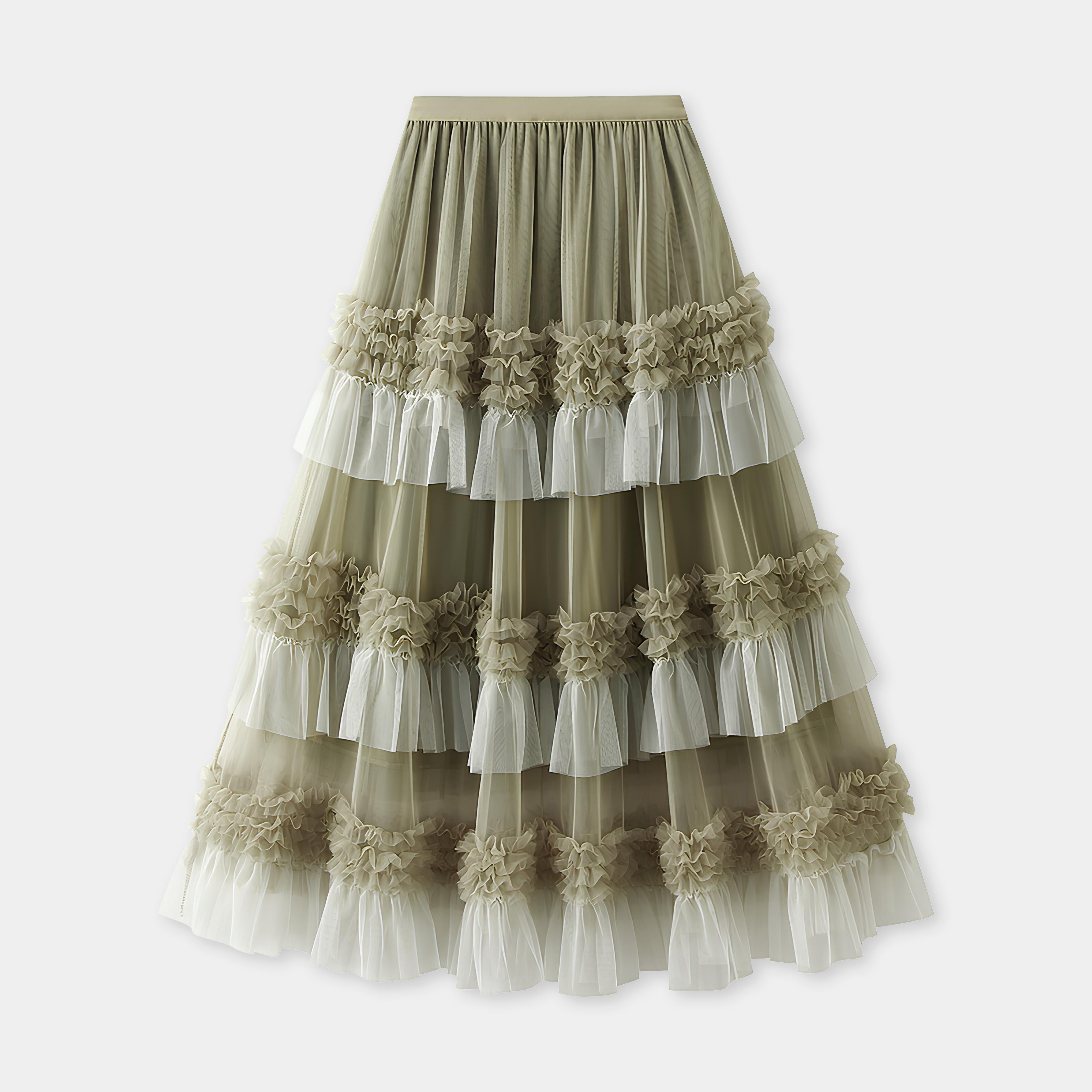 Ruffled Mesh Gauze Skirt With Satin Lining- 1391_GRE