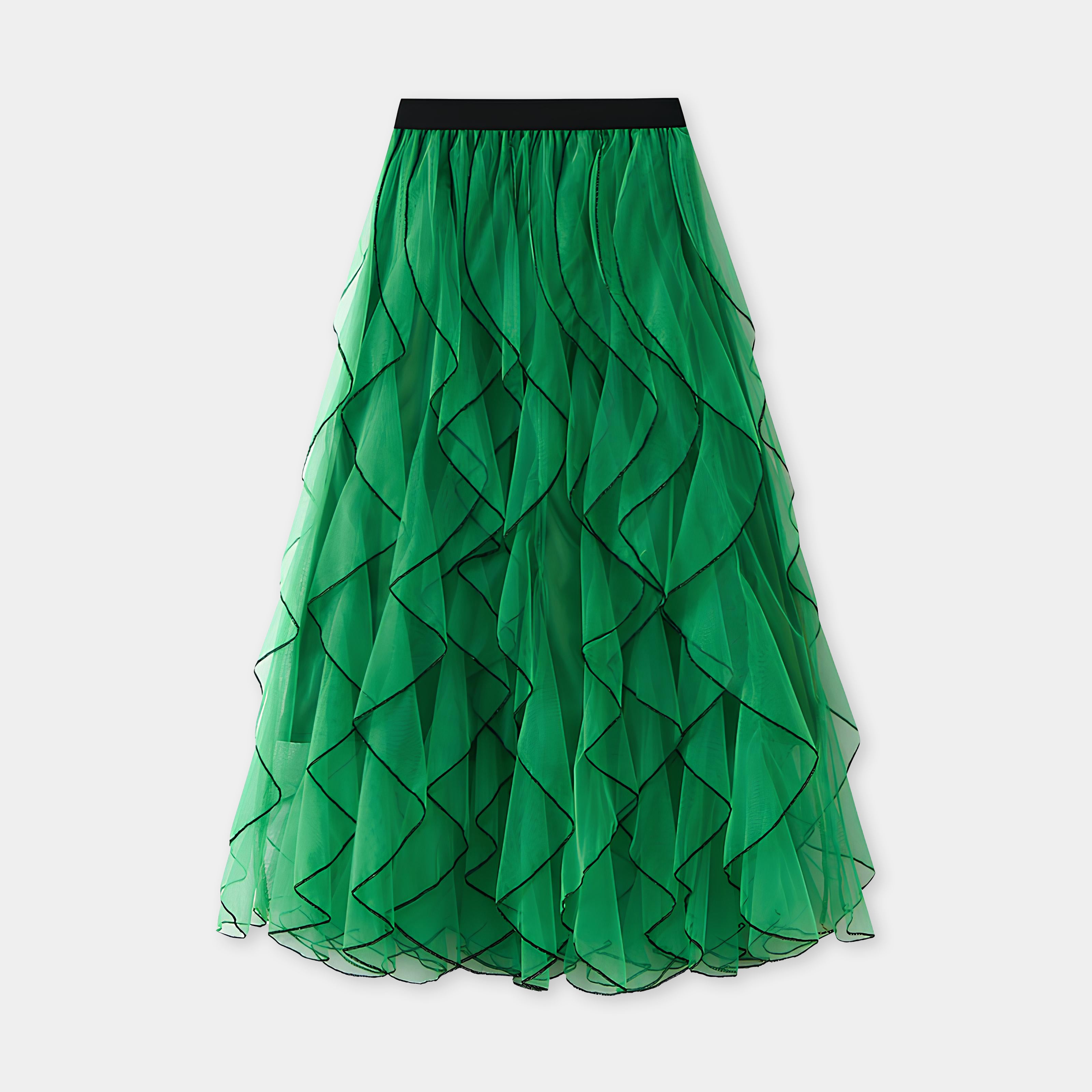 Ruffled Wavy Mesh A-Line Skirt - 0961_GREEN